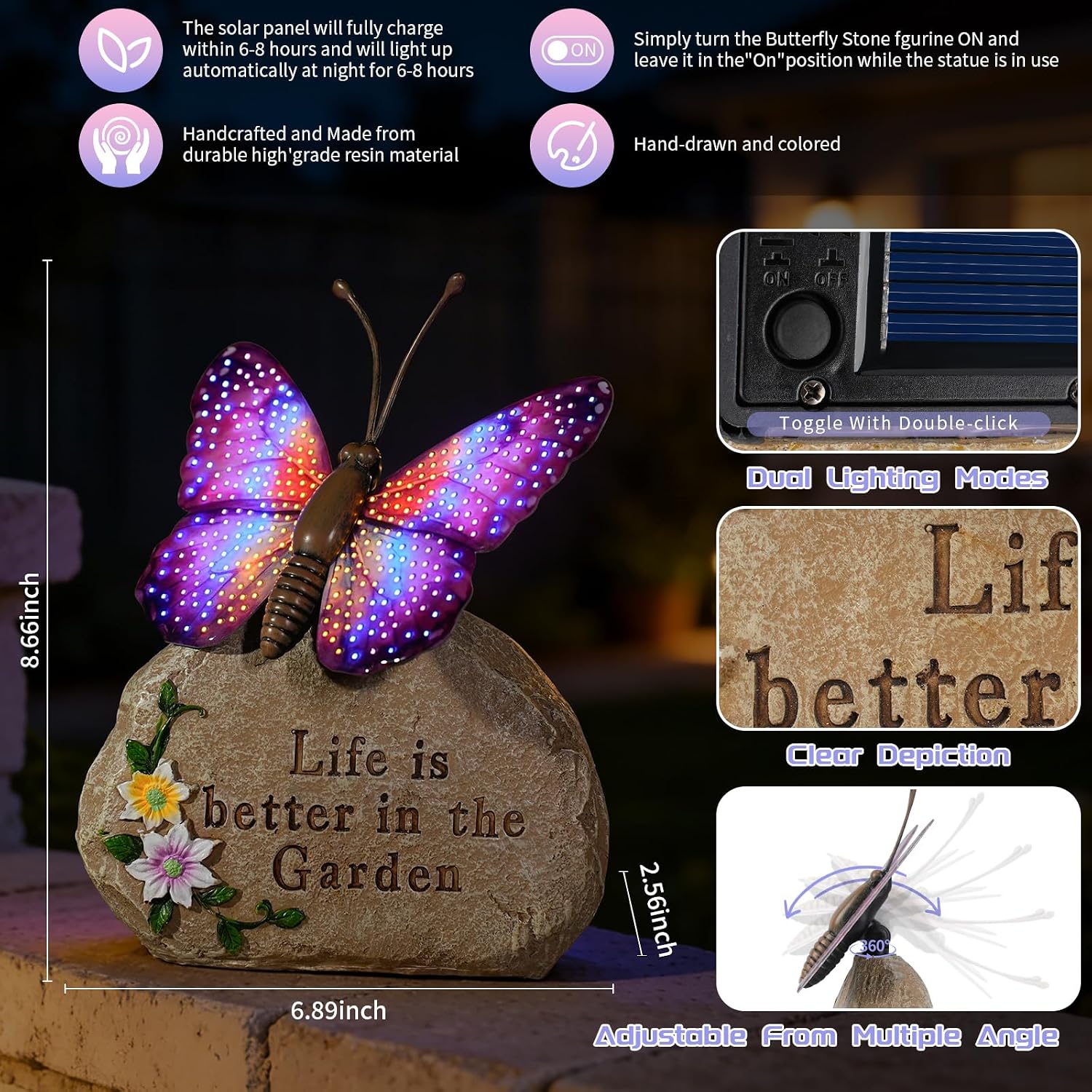 Solar LED Butterfly Garden Statue with Sparkling Light-Up Wings - Outdoor Yard Patio Decor Figurine, for Women Mom Grandma(Purple)