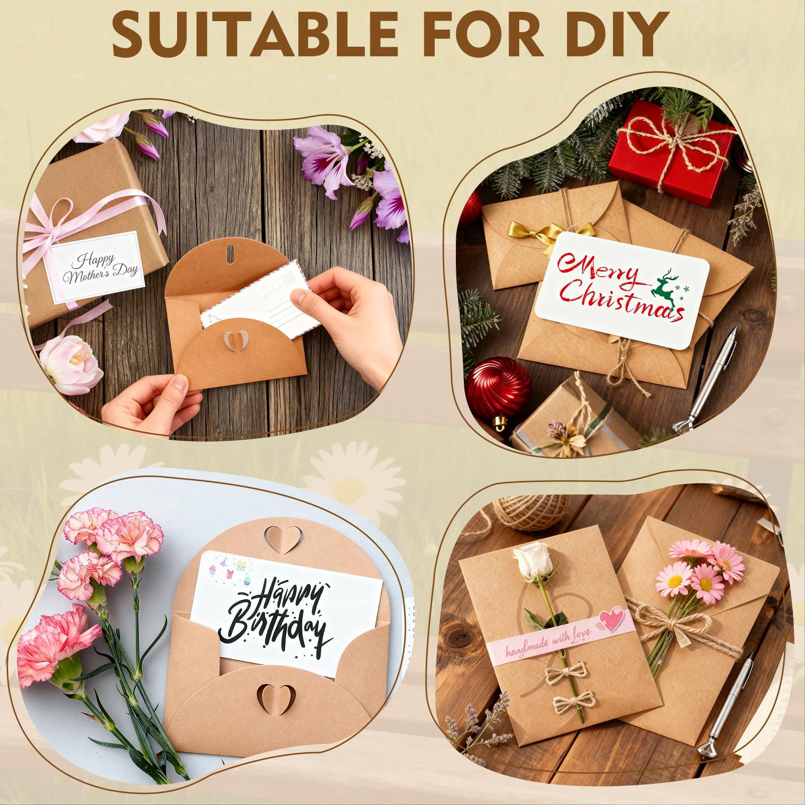 60 Pièces Mini Bustes in Carta Kraft con 60 Biglietti Bianchi, Buste con Chiusura a Cuore per Regalo, Feste, Matrimonio, Natale