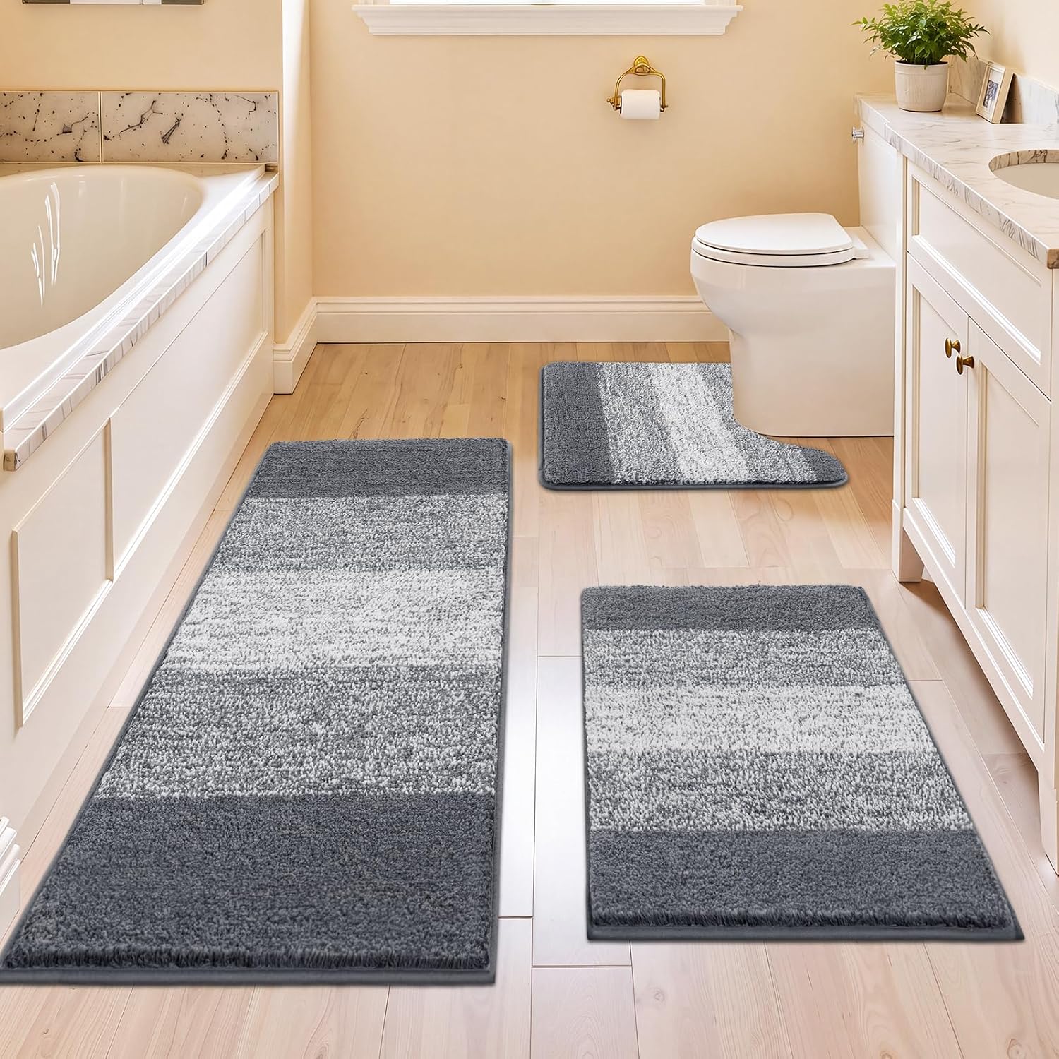 Vaukki Luxury Soft Bathroom Rugs Set of 3, Grey Non Slip Bath Floor Mat