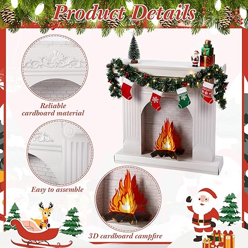 Miniatura 4 de Pajean Chimenea de cartón de Navidad para bricolaje, gran chimenea de cartón blanco con fuego falso 3D, centro de mesa de pie para fiesta de