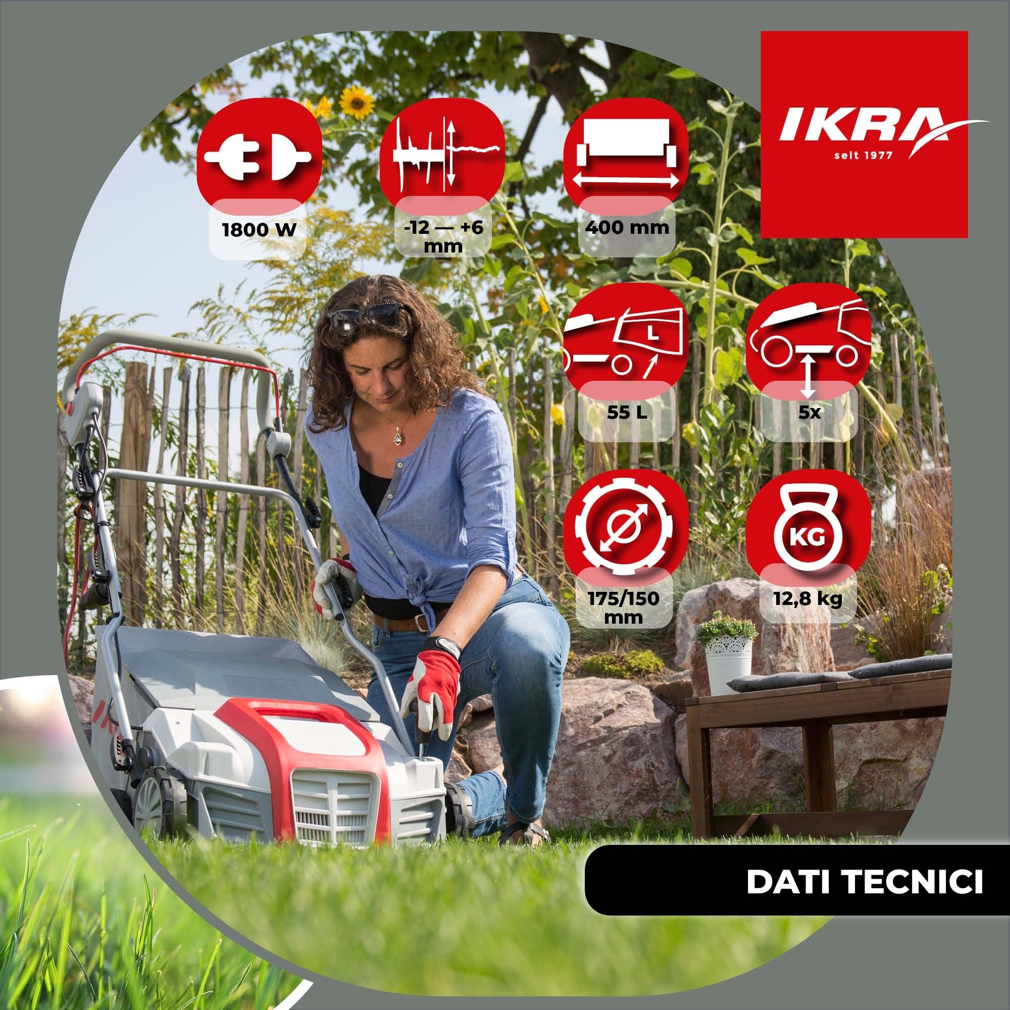 IKRA scarificatore elettrico IEVL 1840, cesto di raccolta 55 l, larghezza 40 cm, 1800W, incl. estirpatore