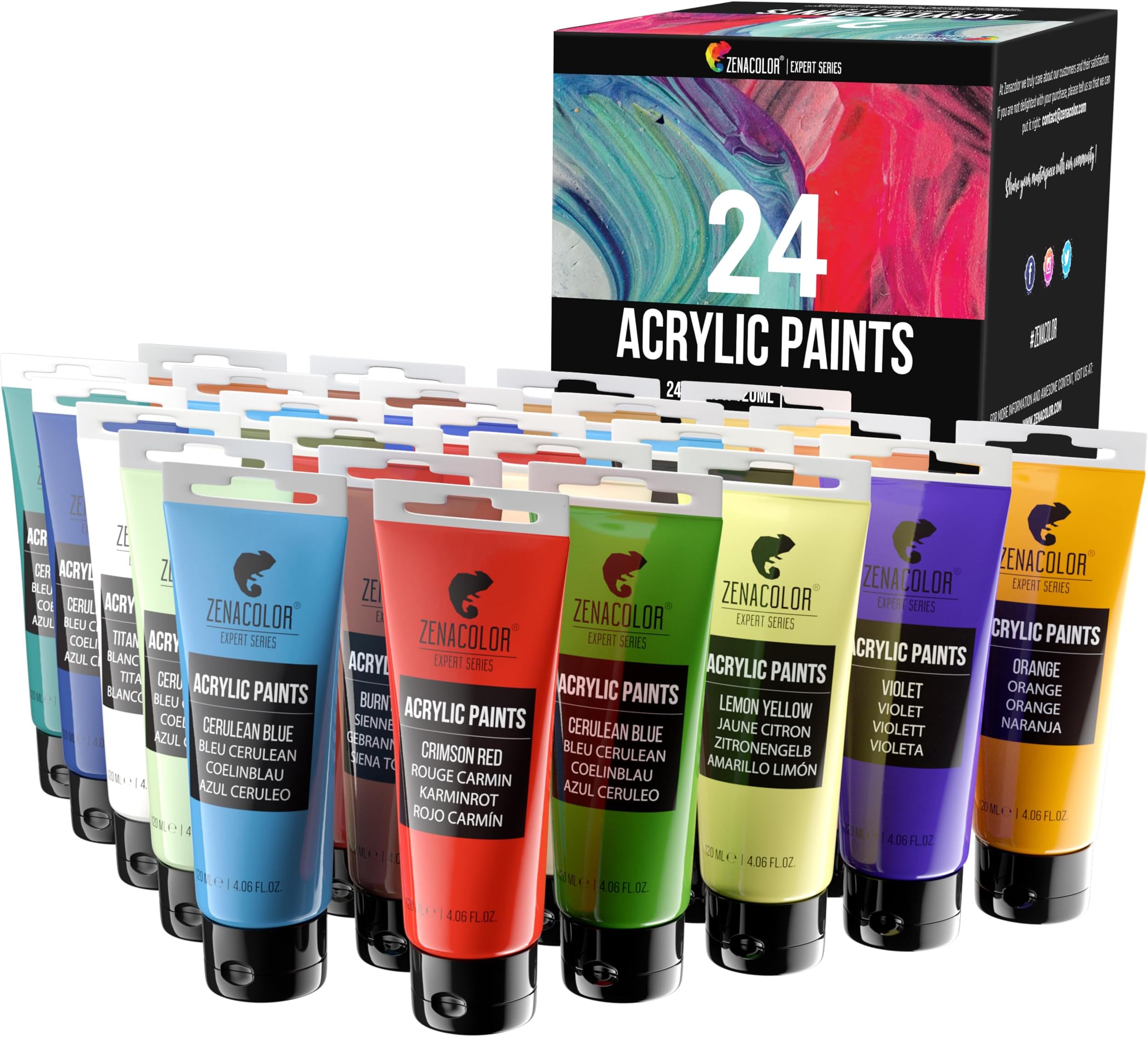 Large Acrylic Paint Set, 12 Tubes of 4 Oz / 120mL, 12 Acrylic Paints for Painting Canvas with Paint Brushes, Wood, Arts and Crafts, Fabric, Adults Painting Supplies