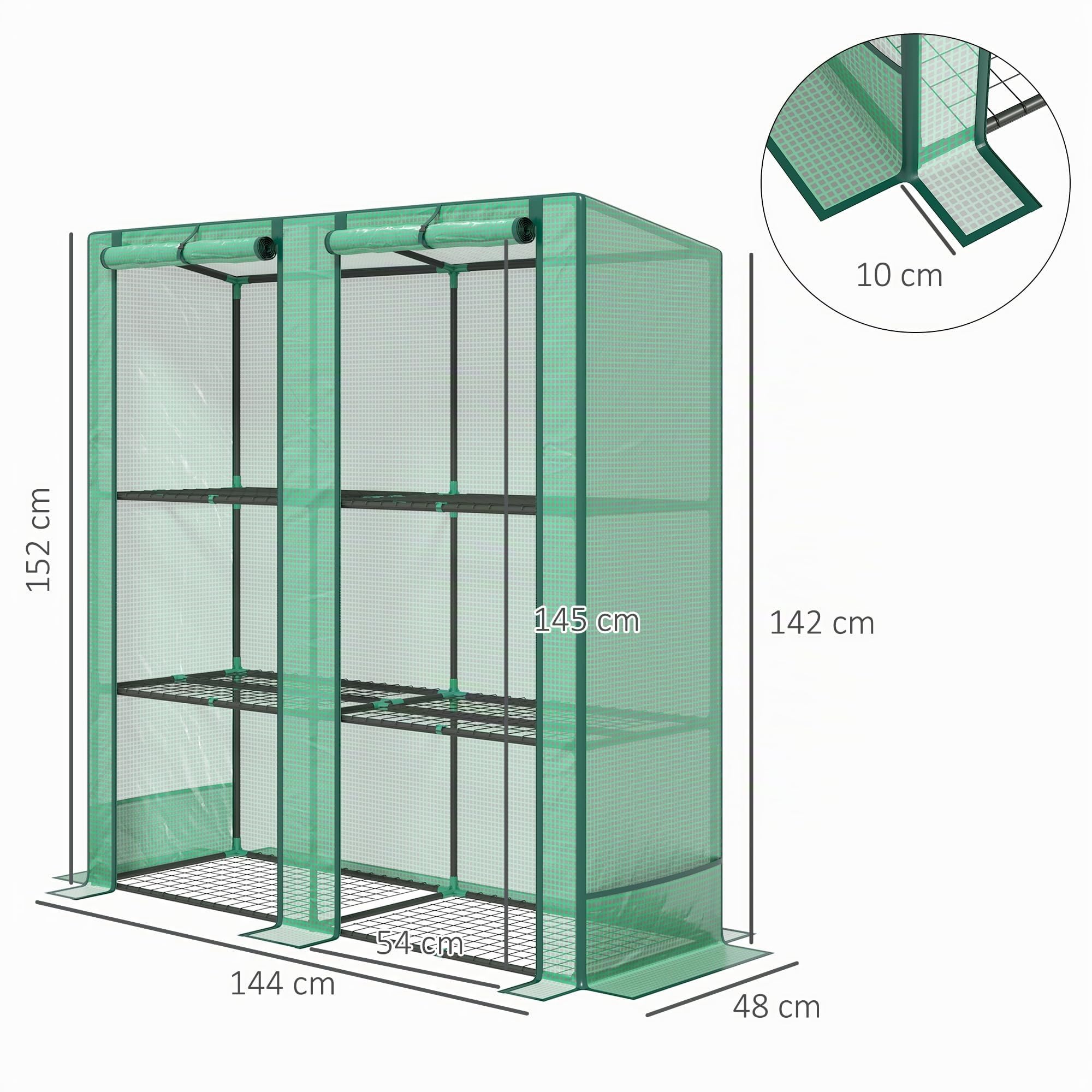 Outsunny Serre de Jardin PE avec Étagères 3 Niveaux 144 x 48 x 152 cm Vert | Serre de Balcon, Bâche Renforcée 140 g/m², Châssis en Acier, 2 Portes Zippées Enroulables, pour Légumes Plantes Fleurs
