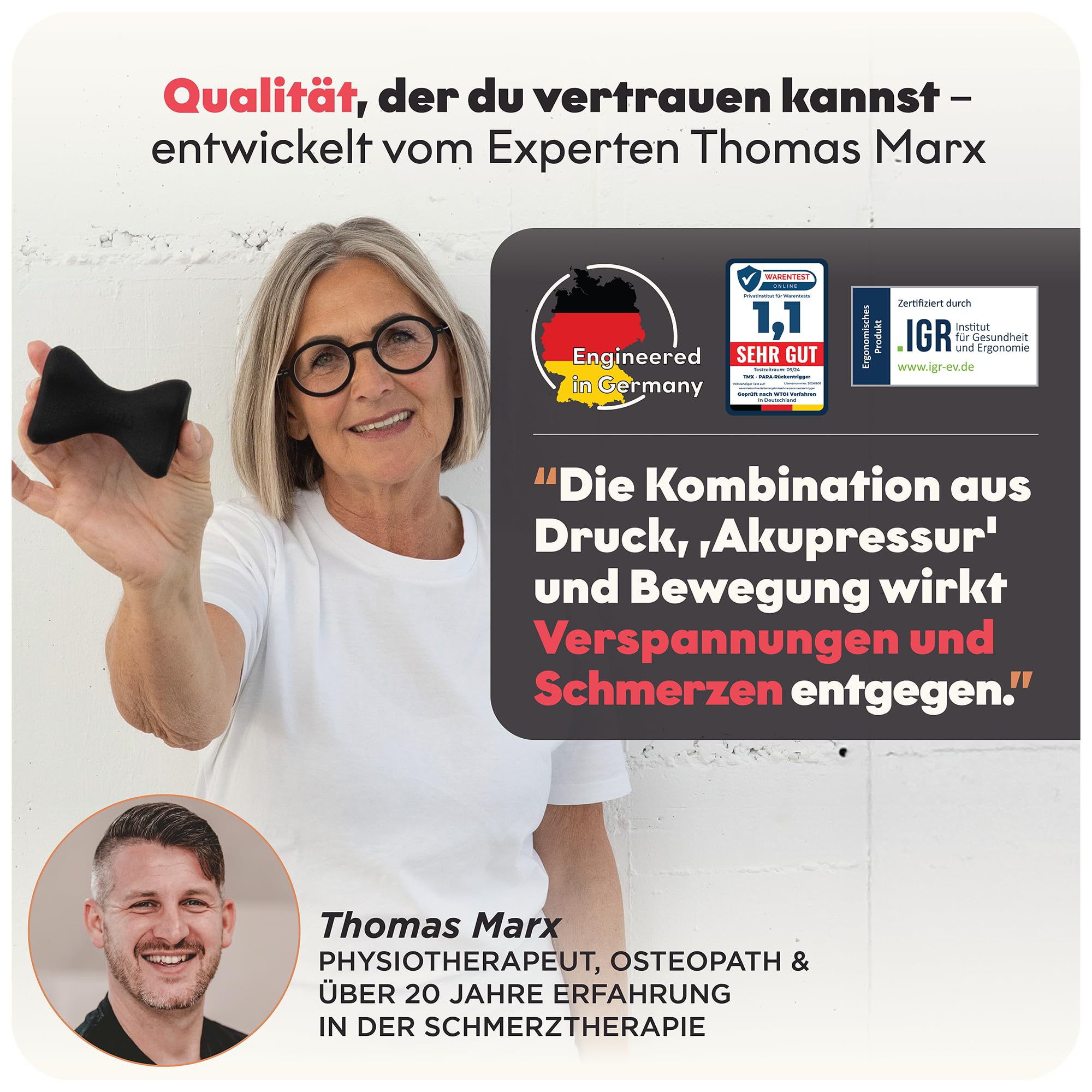 TMX® PARA Rückentrigger gegen Rückenschmerzen | Rückentrainer für Lendenwirbelsäule & Brustwirbelsäule | Akupressur Tool bei Verspannungen, Hexenschuss & Bandscheibe | Triggerpunkt Drücker