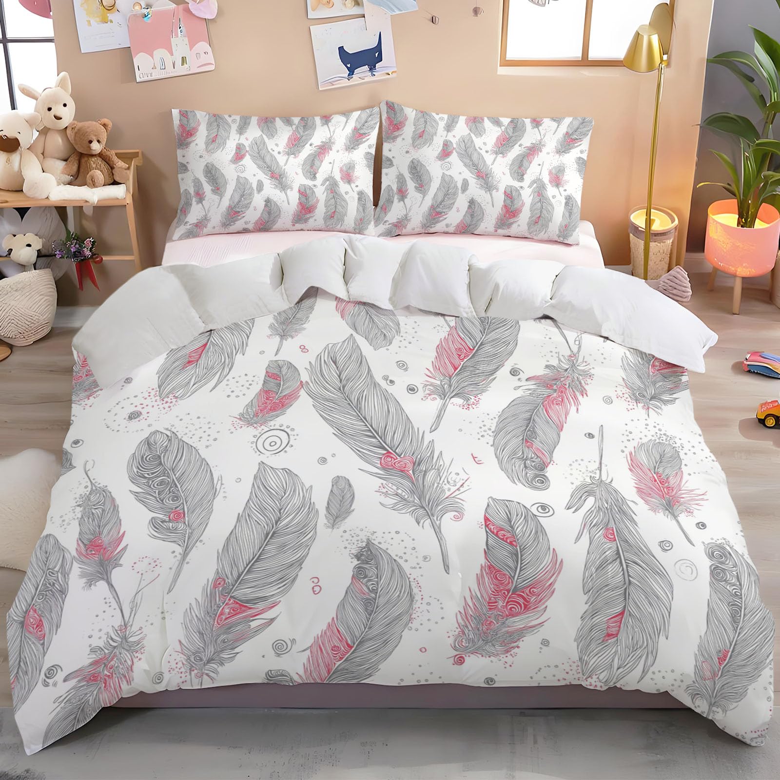 Funda Nordica Cama 105/135 Infantil Microfibra, 3 Piezas Juvenil Plumas Dibujadas A Mano Bohemio Juego de Funda Nordica200x200cm Suave Transpirable y 2 x Fundas de Almohada de 50x75 cm,Gris Rojo
