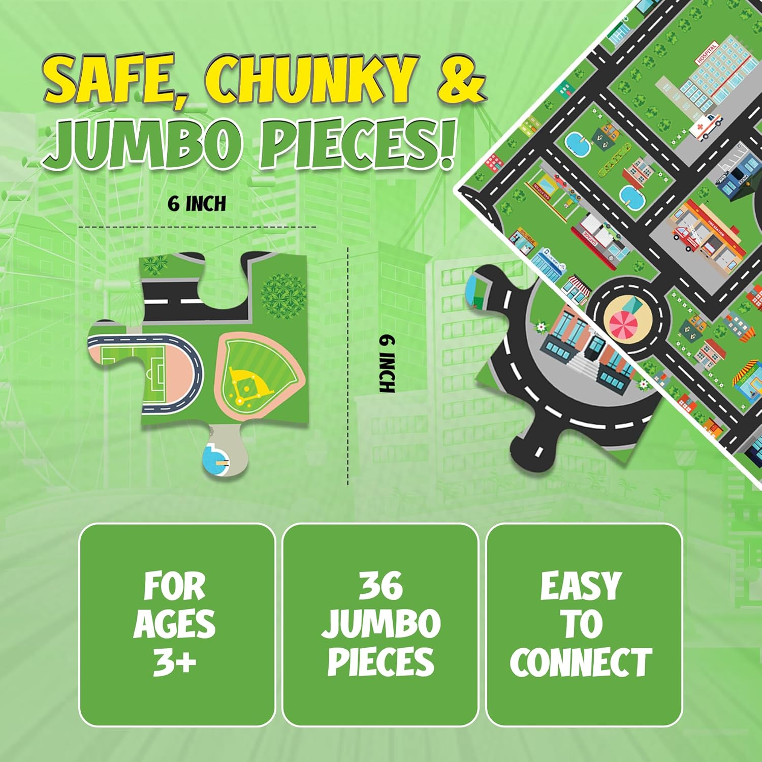 Darice Town Streets Floor Puzzle for Kids – 36 Jumbo Pieces, 36" x 24" City Map Jigsaw Puzzle – Build Your Own Town, Play Mat Toy, Ages 3+