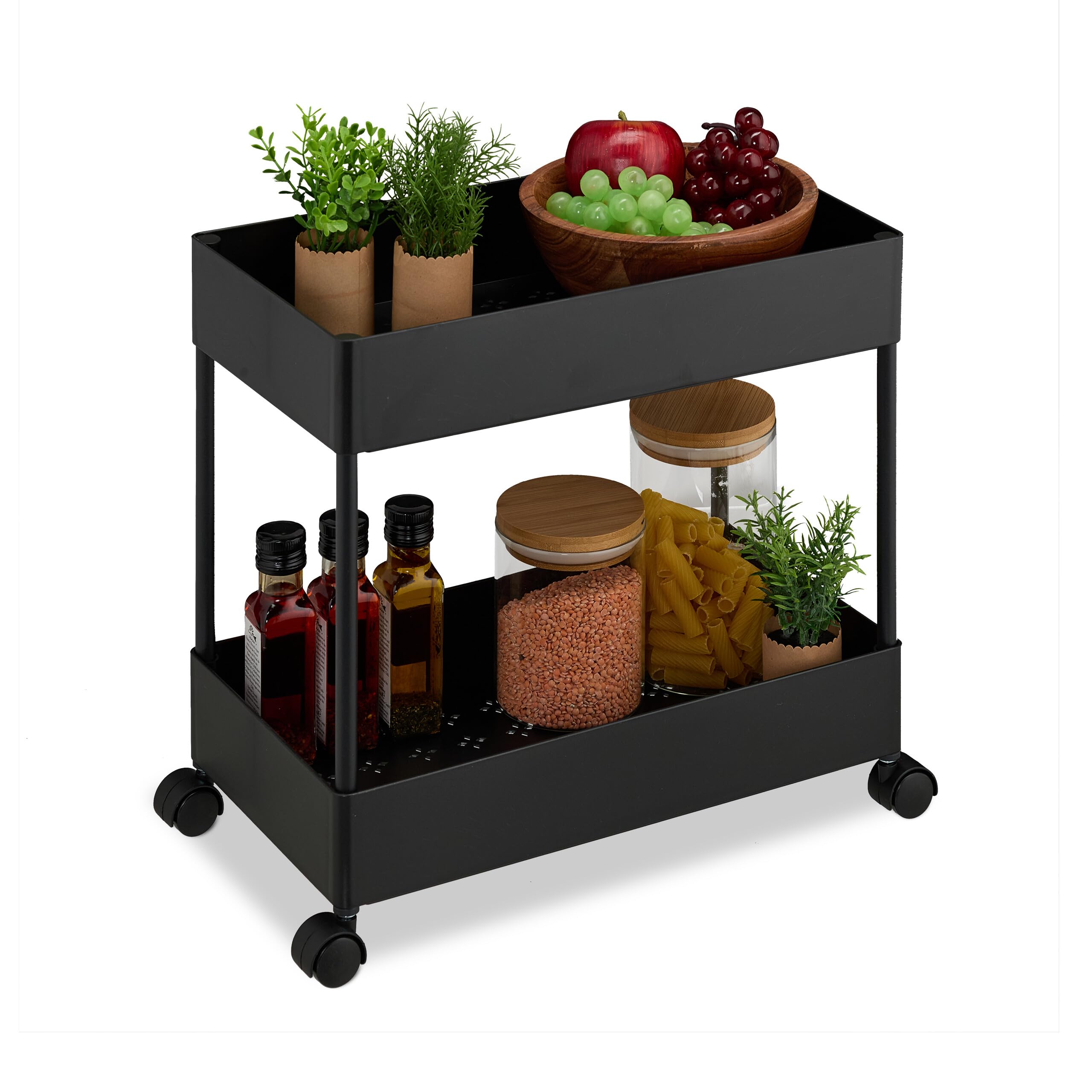 Relaxdays Carrito Auxiliar Ruedas, Carro Cocina 2 Niveles, Camarera, Verdulero, Baño y Oficina, 38x39,5x21,5 cm, Negro
