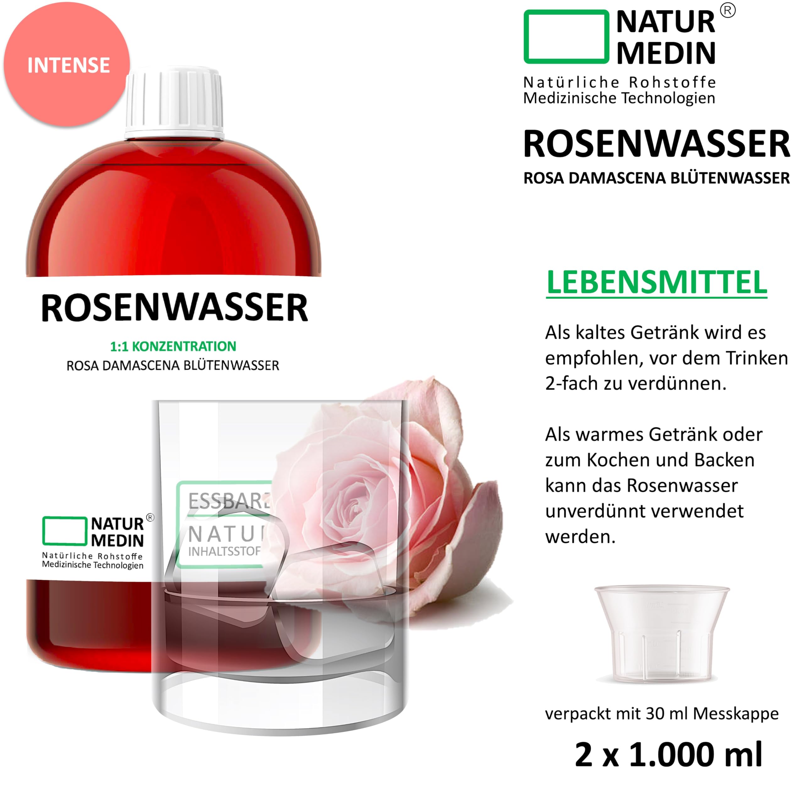 2.000 ml LEBENSMITTEL ROSENWASSER – Typ : Classic – (2x1.000ml) NATURMEDIN®