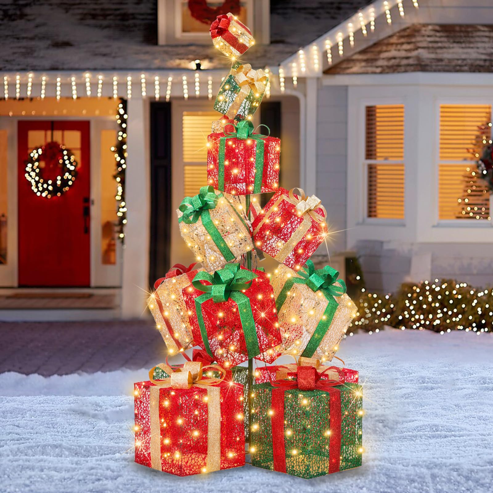 6 FT Christmas Box Tower, 15 Stacked Free Standing Gift Boxes with 450 Warm White Lights for Outdoor Indoor Holiday Decor