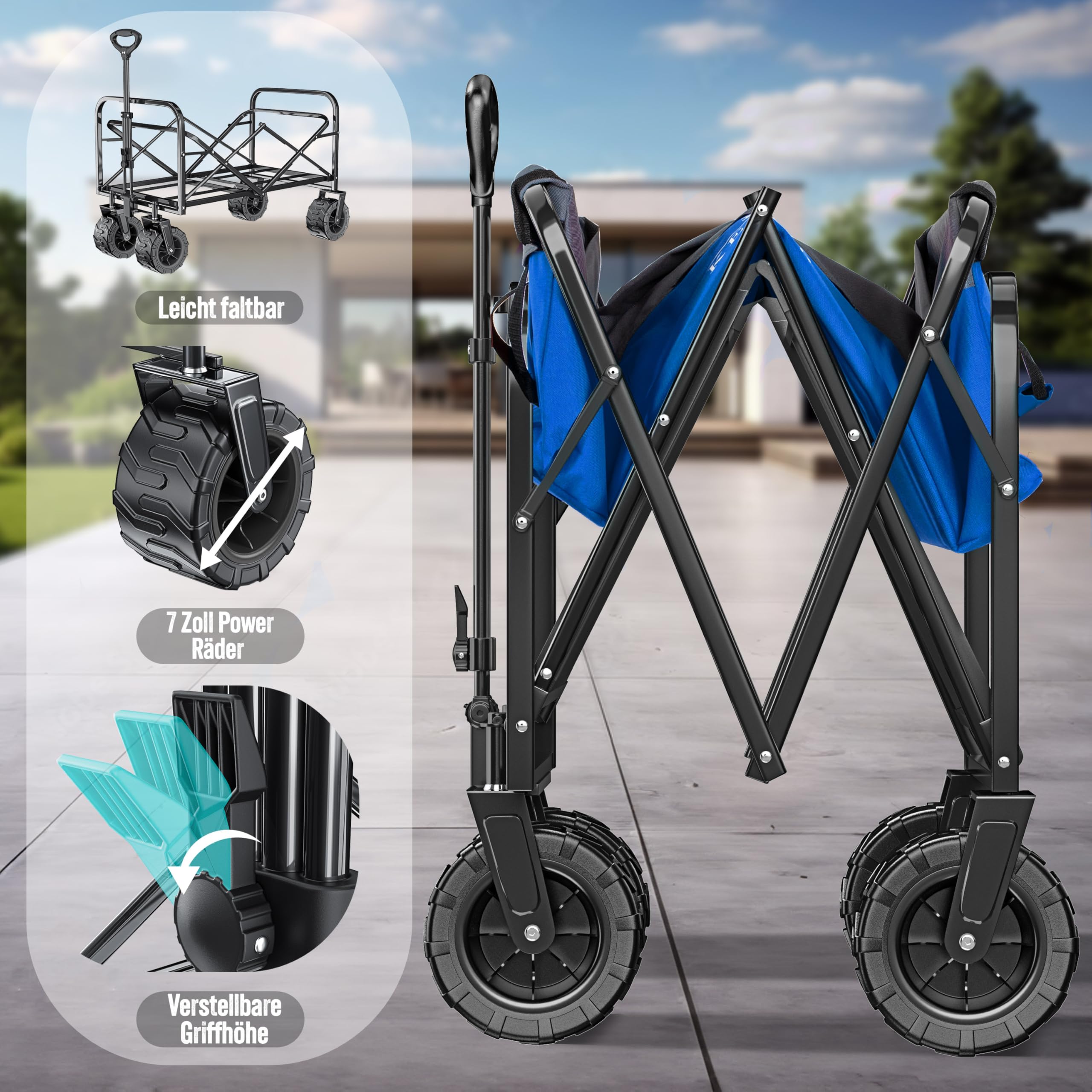 KESSER Chariot de transport pliable - Charge maximale : 150 kg - Avec pneus larges en caoutchouc solide - Chariot de transport avec 2 poches en filet et poche latérale - Chariot de transport pliable