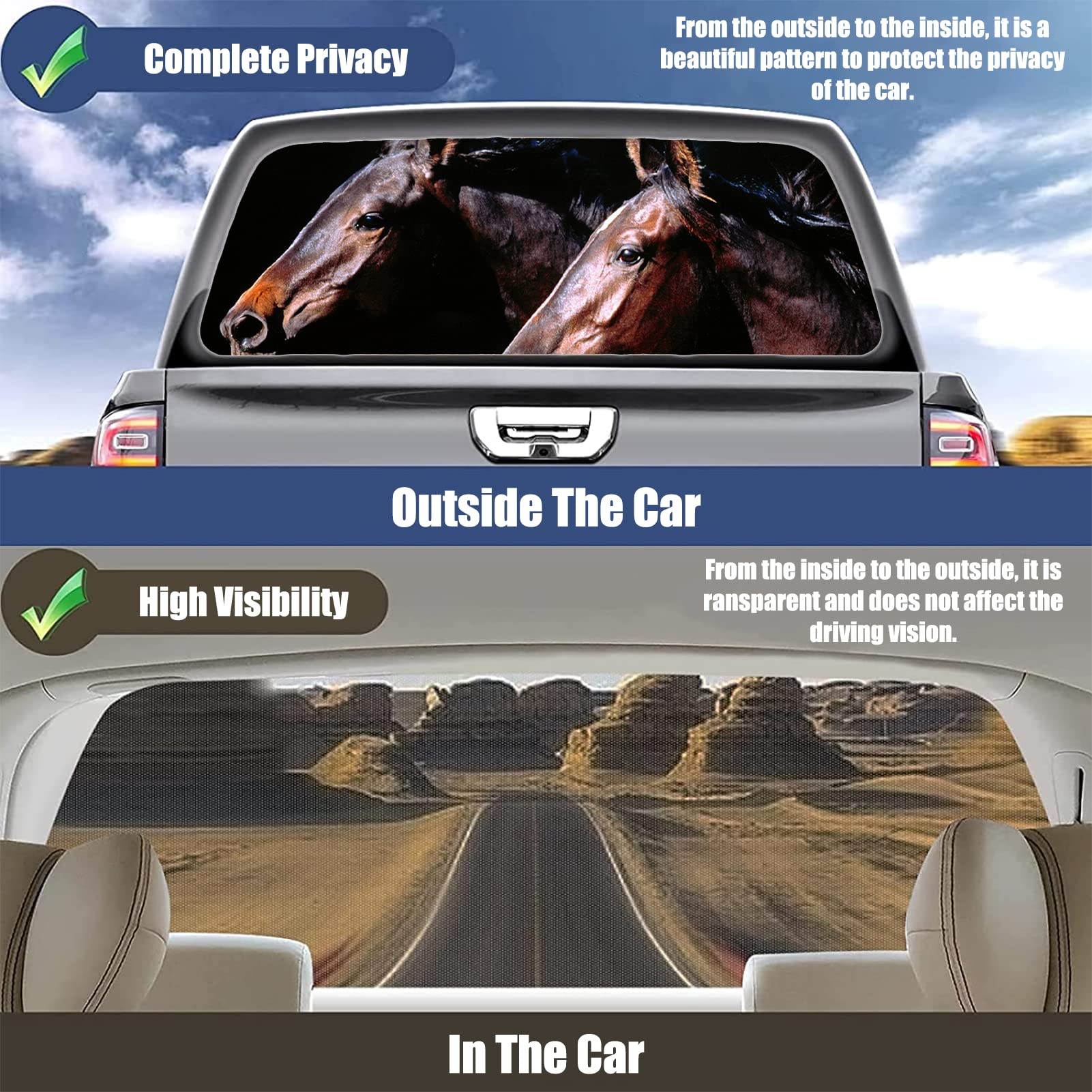 Adesivo per finestrino posteriore per camion, auto, con motivo a forma di cavallo e finestra posteriore in vinile perforato, per camion, SUV, furgoni, pickup, A, 147,3 x 45,7 cm