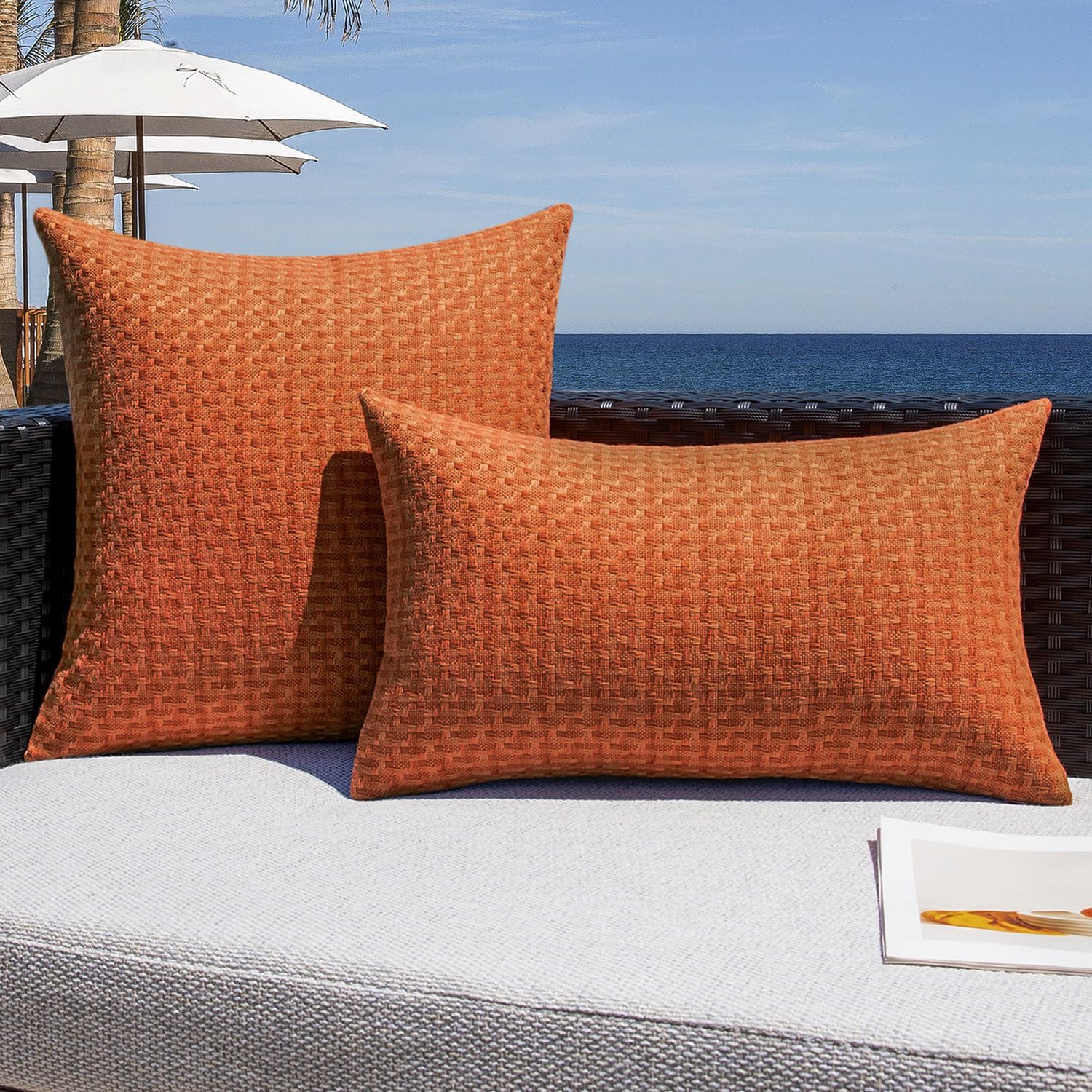 Kevin Textile Outdoor Fall Waterproof Throw Pillow Covers Pack of 2 Farmhouse Decorative Cushion Covers for Garden Patio Tent Balcony Bench Couch Sofa 24x24 Inch, Burnt Orange