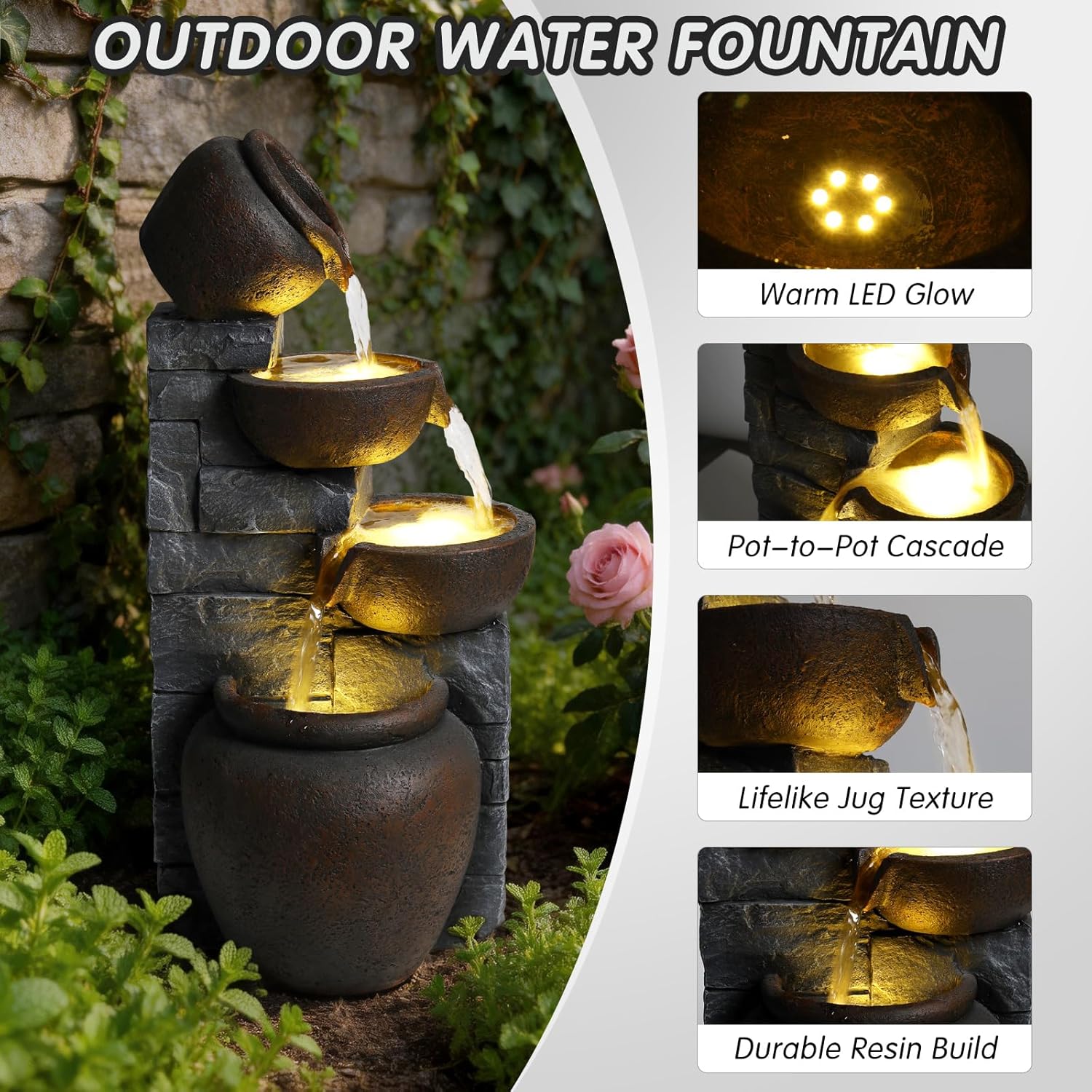 Water Fountain Outdoor Premium Resin 25.6” H, Cascading Cup Modern Garden Water Feature for Patio Yard Indoor & Outdoor Decor, Ideal Gift for Housewarming & Garden Lovers