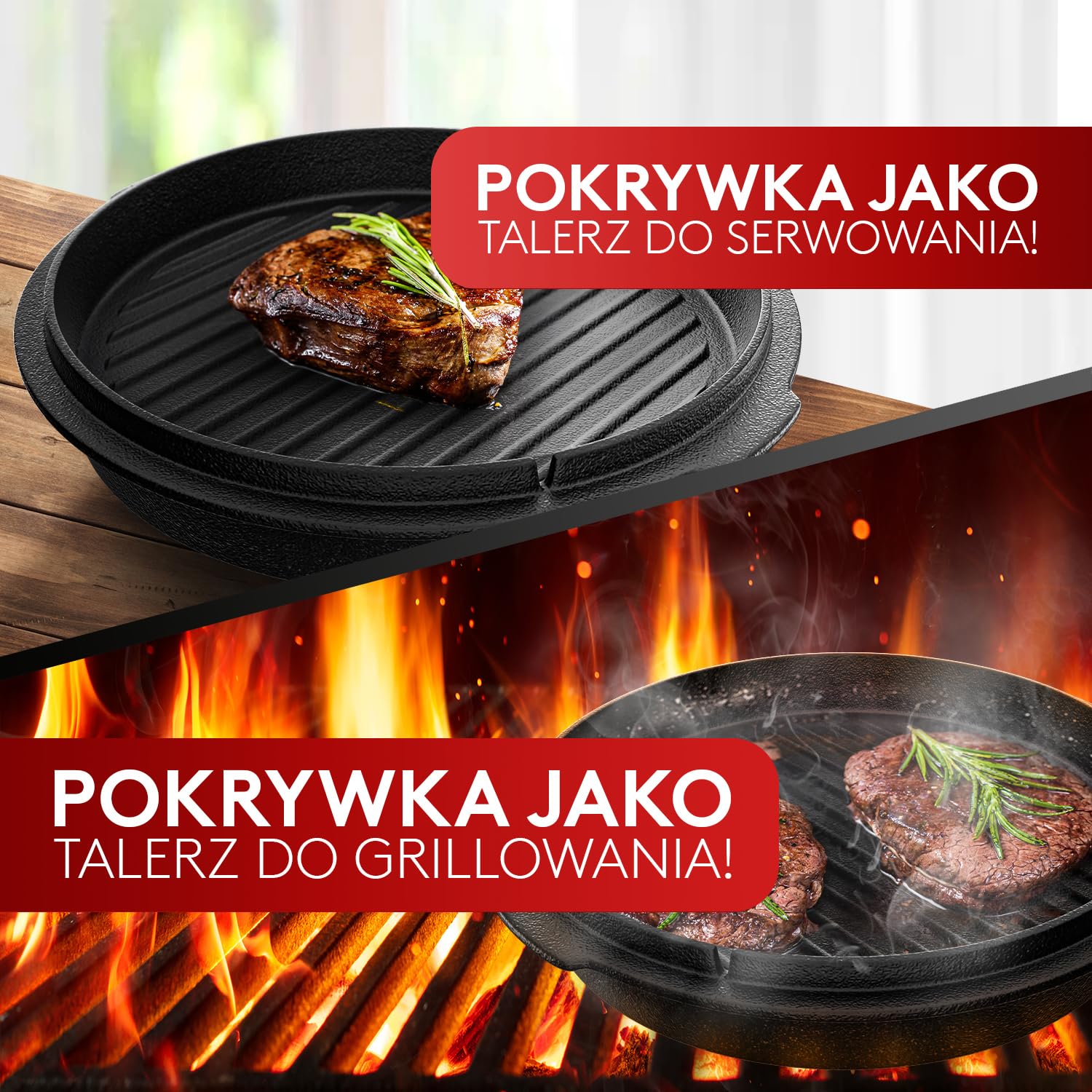 Taste of Fire [Oryginał] - Zestaw Kociołka Żeliwnego Dutch Oven 7,4L z Nóżkami i Pokrywą 1,8L o Podwójnej Funkcji jako Patelnia Grillowa – w zestawie Podnośnik do Pokrywy
