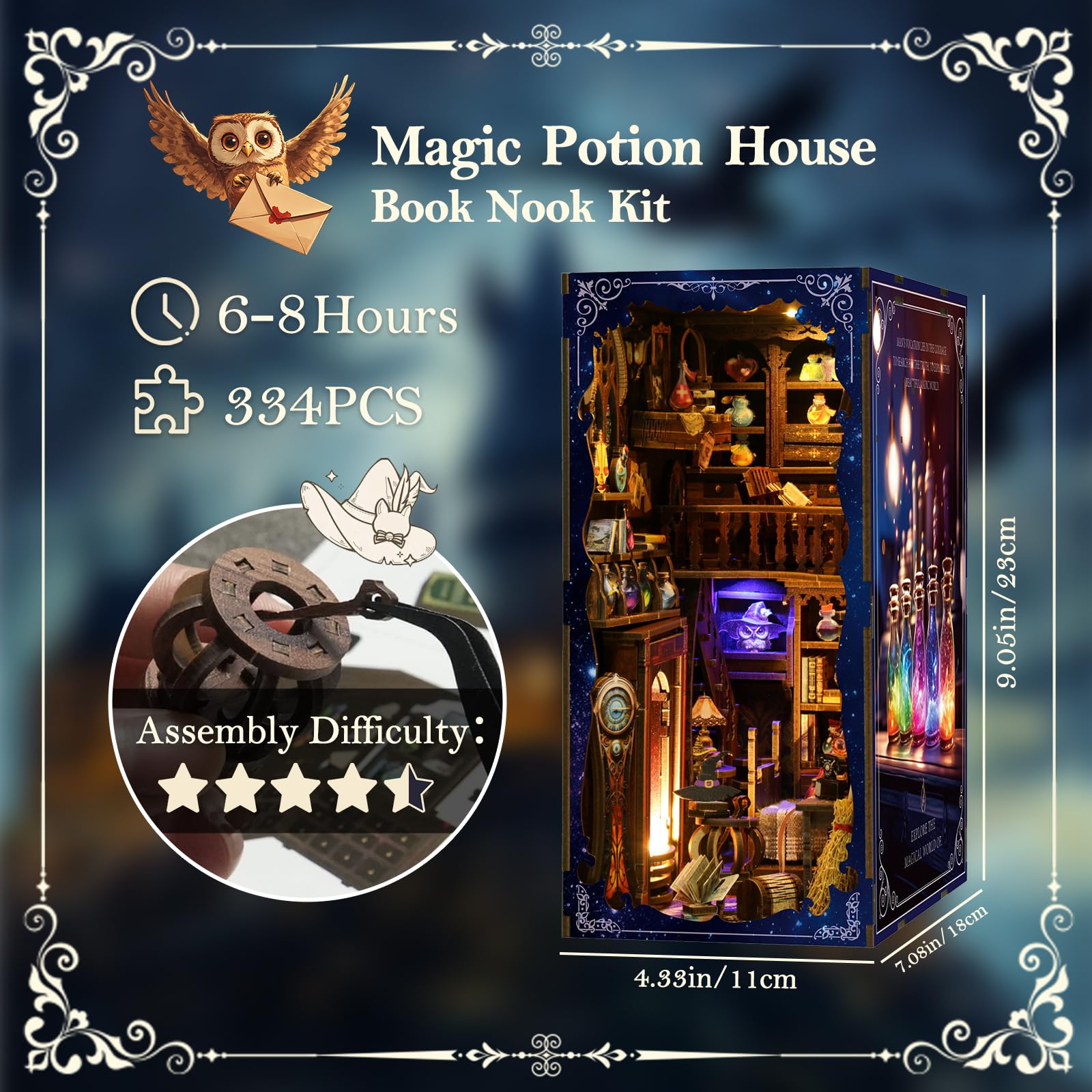 Kangomelon DIY Book Nook Kit Wooden Miniature Magic Potion House Kit 3D Wooden Bookends Miniature House Book Nook Kit for Adults Bookshelf Insert Decor with LED Lights Wood Crafts