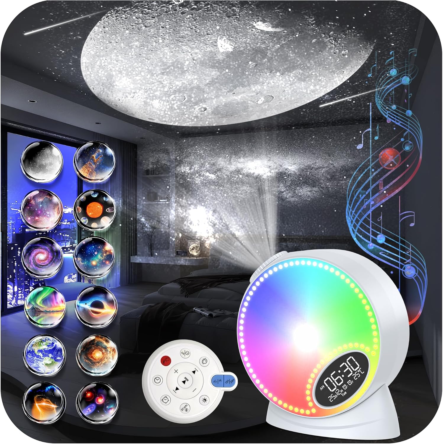 Galaxy Projector for Bedroom, 12 in 1 Star Projector Night Light Bluetooth Speaker, 15 White Noise Planetarium Projector with Meteor Effect, Varicolored Ambient Light