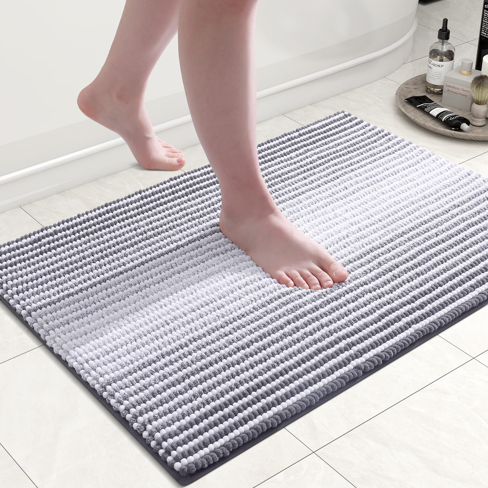 Colorxy Chenille Bathroom Rugs, Extra Soft and Absorbent Bath Mat, Non-Slip Machine Washable Rug, Luxury Plush Shaggy Bath Carpet, Suitable for Bathroom Floor, Tub, Shower, 30''x20'', Grey