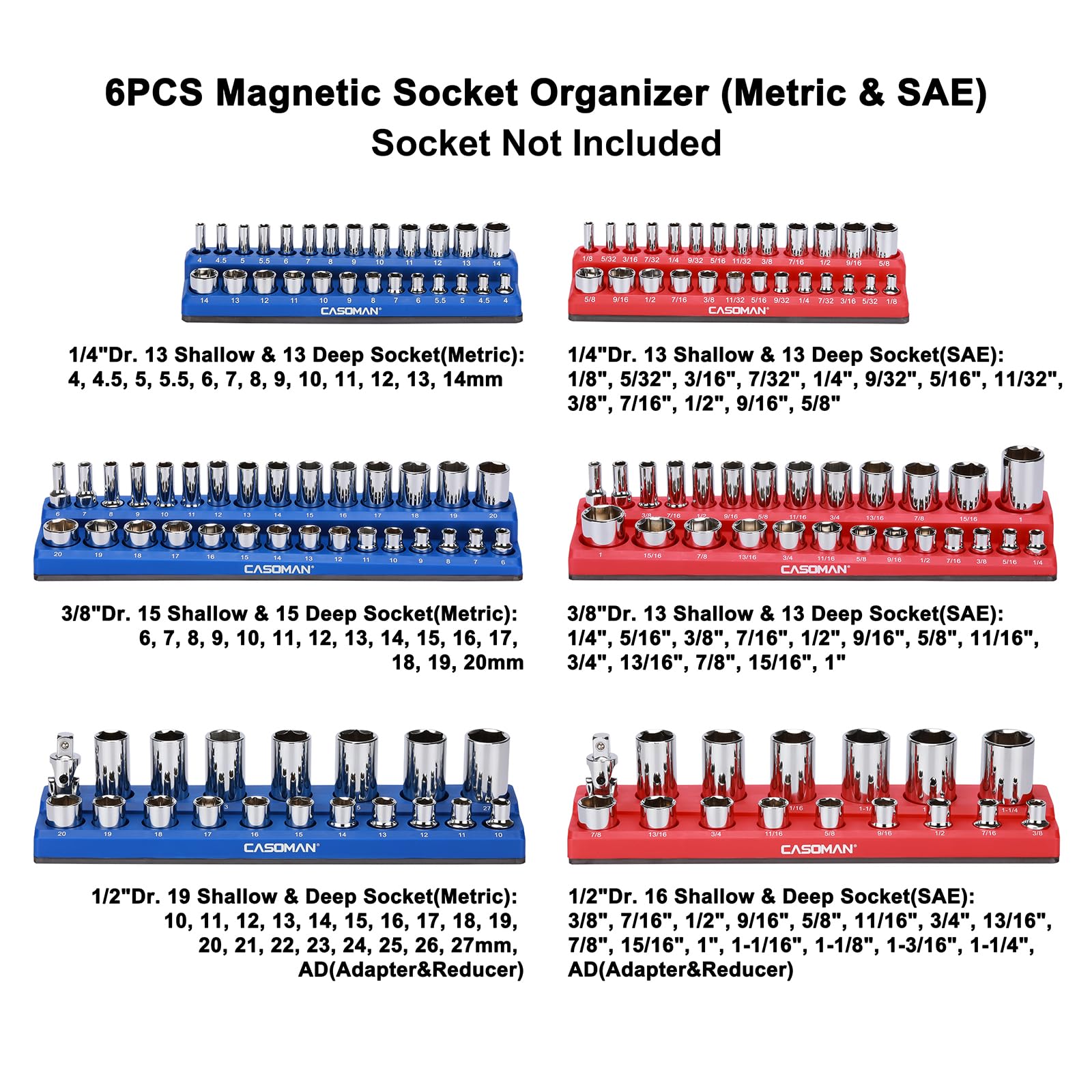 CASOMAN Organizer magnetico per bussole, kit di 6 pezzi, 1/2", 3/8", 1/4", contiene 143 prese SAE e metriche, rosso e blu, organizer per strumenti di qualità professionale