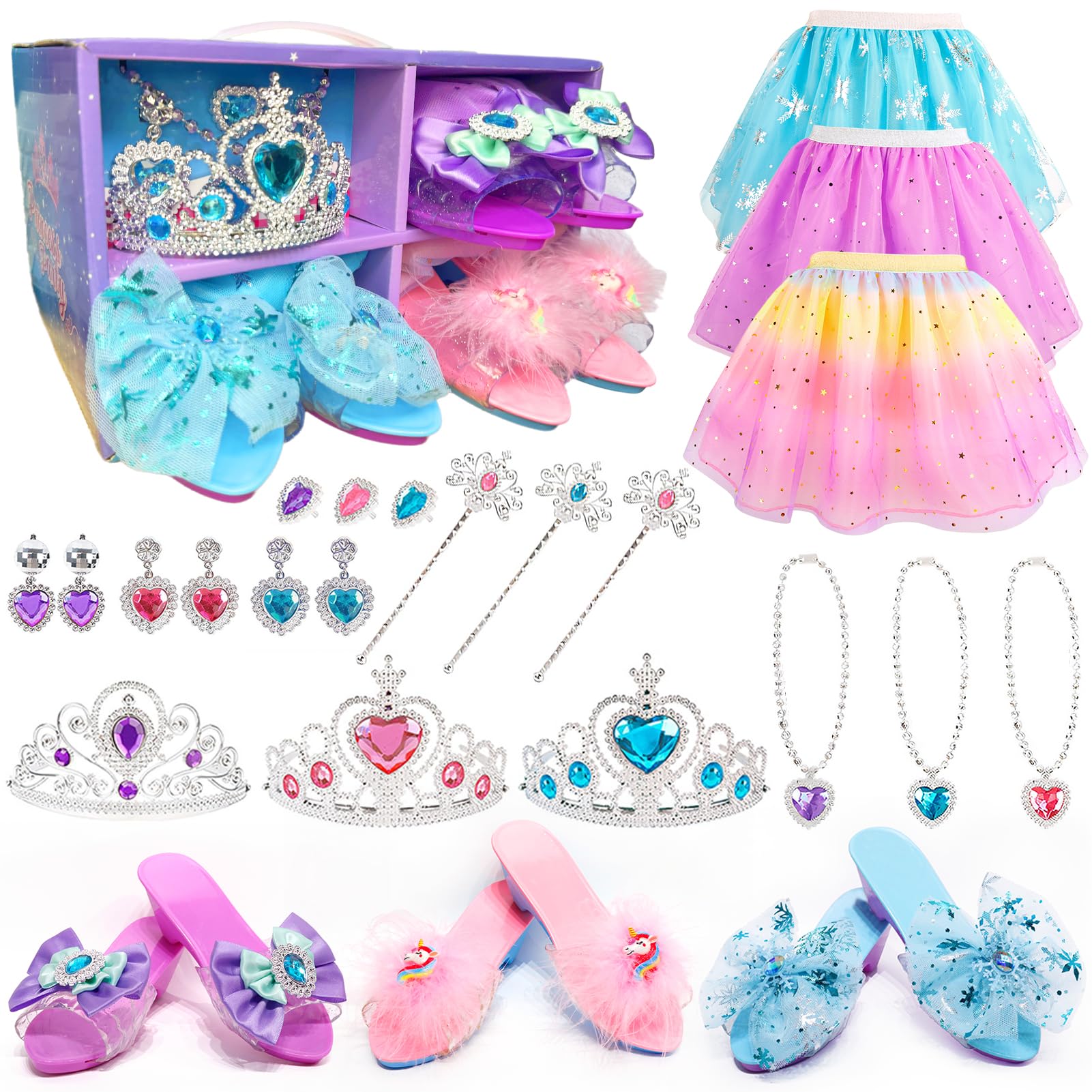 STAY GENT Chaussure Princesse Fille 3 Paires Chaussures 3 Couronne 3 Jupes Déguisement Jouet Princesse Accessoires Cadeau 2-6 Ans
