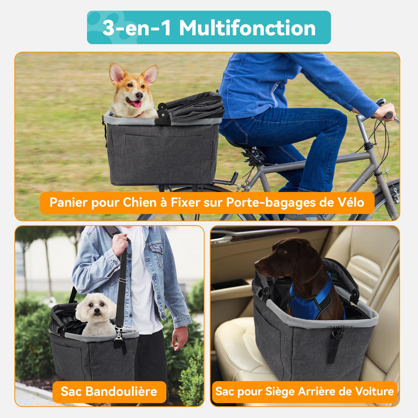 Panier Vélo Arrière pour Chien Pliable Jusqu’à 12KG avec Cadre Métallique, Fixation Rapide pour Diamètre de 9 à 12mm, Fenêtre en Maille, Coussin Doux, Bandes Réfléchissantes