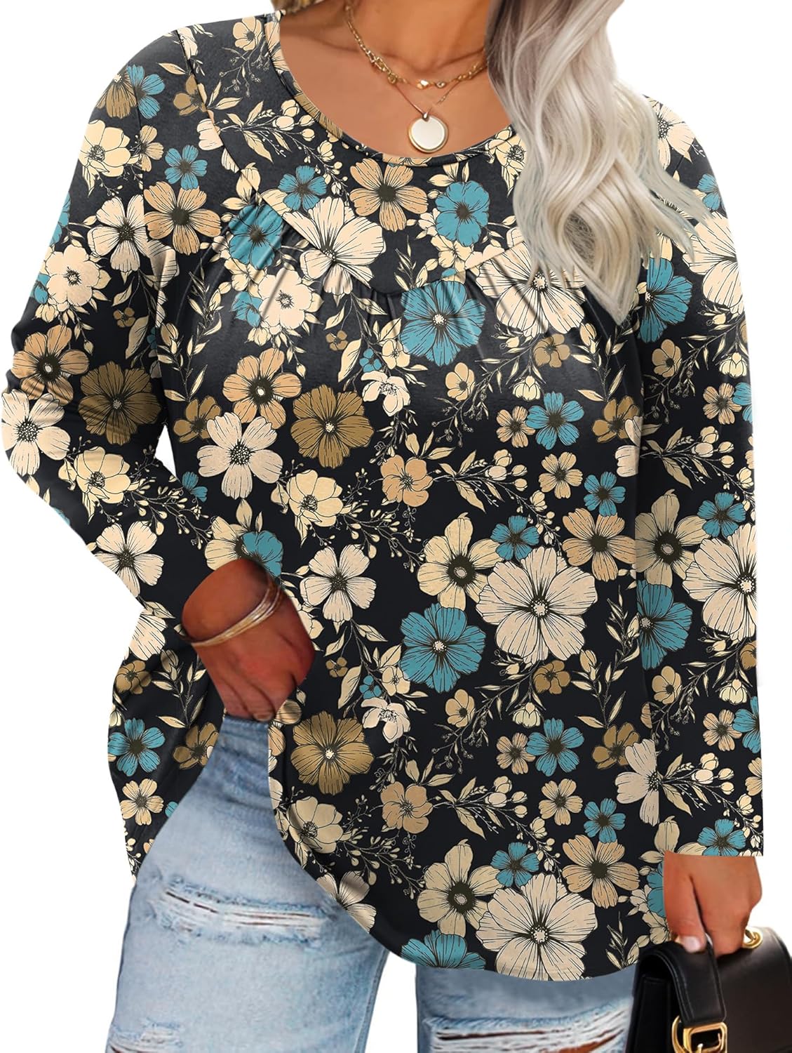 TFSDOD Womens Plus Size Tops Long Sleeve Blouses Crew Neck Shirts Casual Loose Tunic Tops 1X-5X