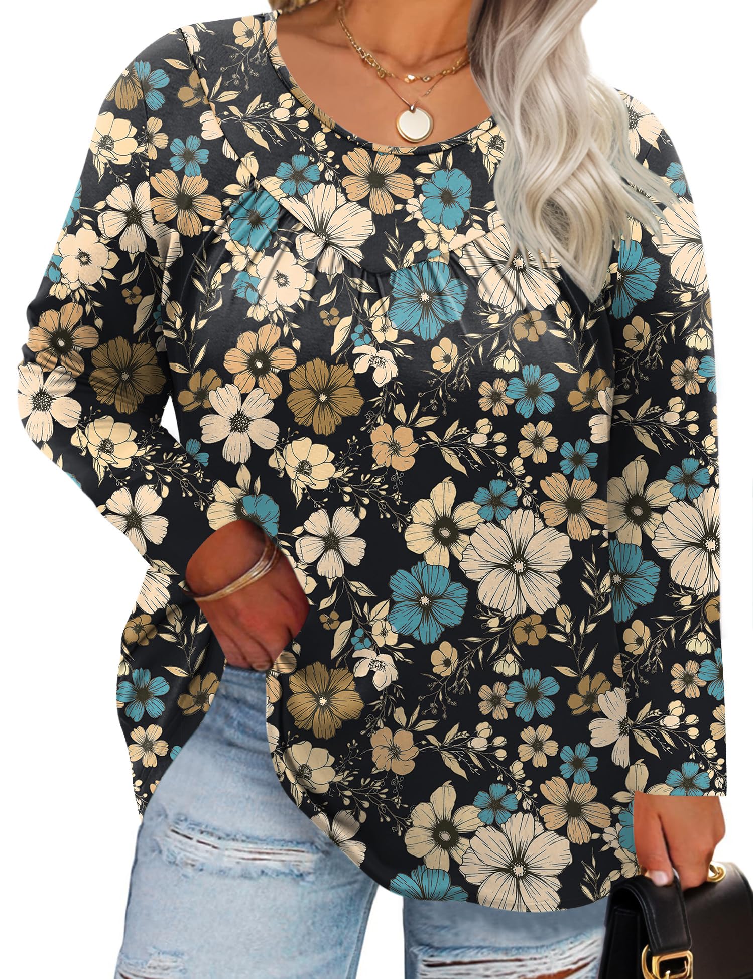 TFSDOD Womens Plus Size Tops Long Sleeve Blouses Crew Neck Shirts Casual Loose Tunic Tops 1X-5X