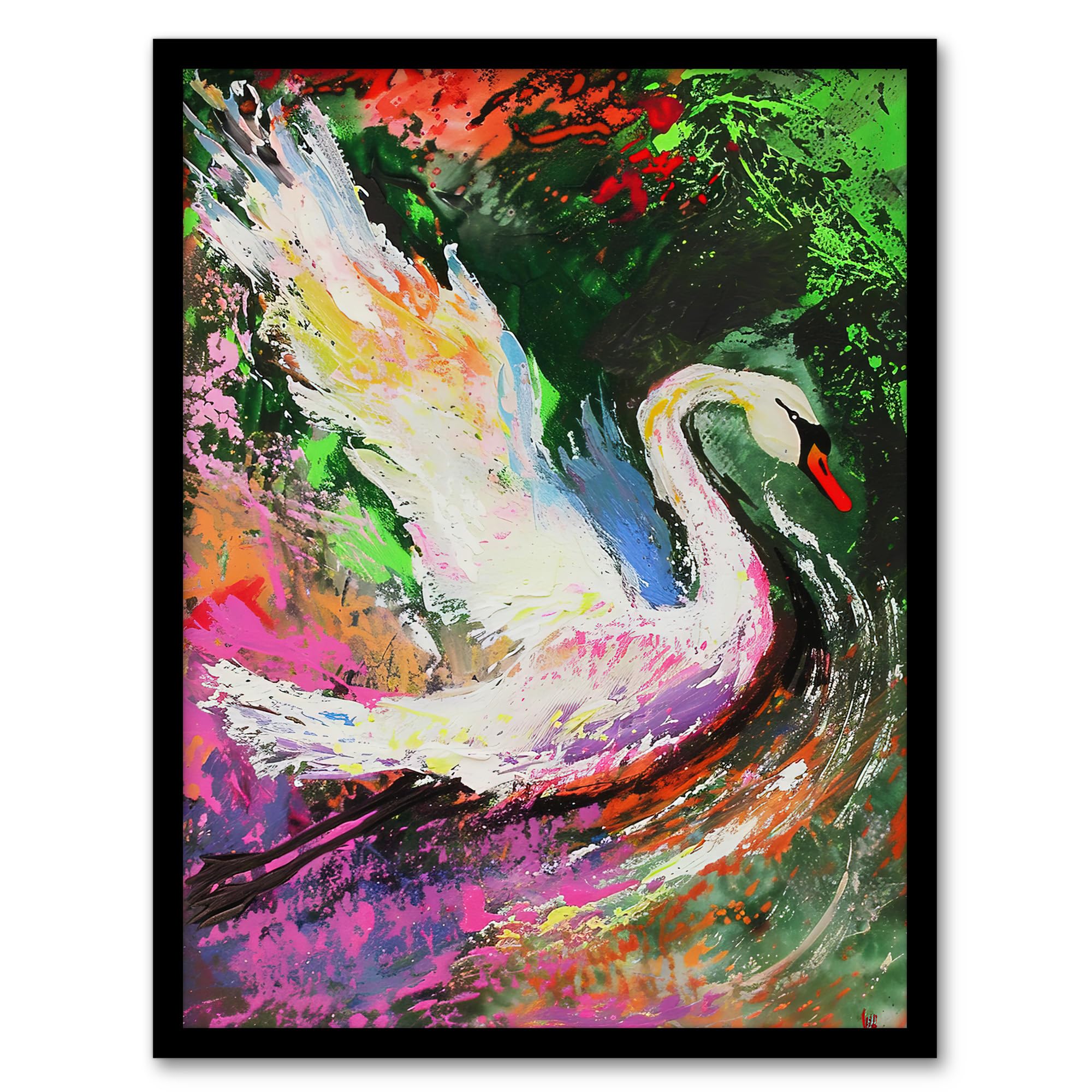 Artery8 Swan Landing on Lake Colourful Painting Living Room Artwork Framed Wall Art Print 18X24 Inch