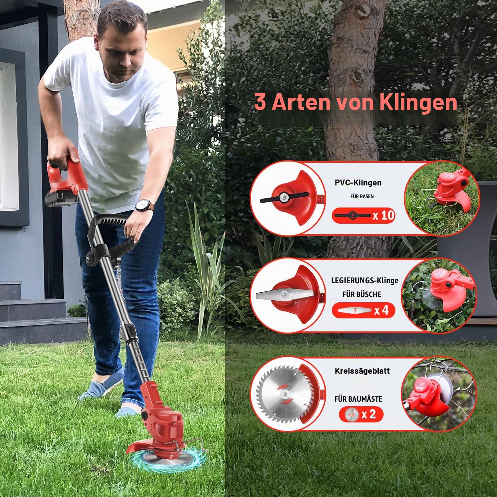 Rasentrimmer 21V, 2 Akkus, 3 Klingen & Teleskopstiel
