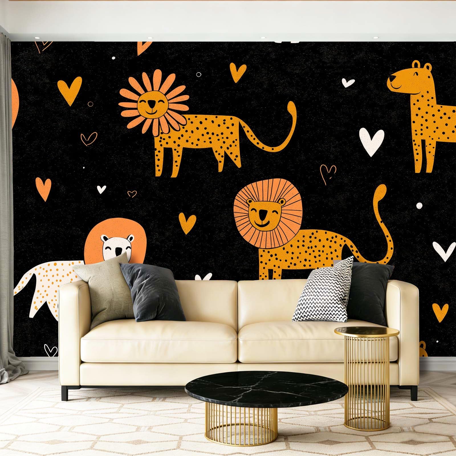 Tapeta ścienna 350 x 256 cm do salonu sypialnia kuchnia - Gracze Lwy Leopard Linie - Łatwe do zainstalowania, druk o wysokiej rozdzielczości, wodoodporny i łatwy do czyszczenia, kolorowy