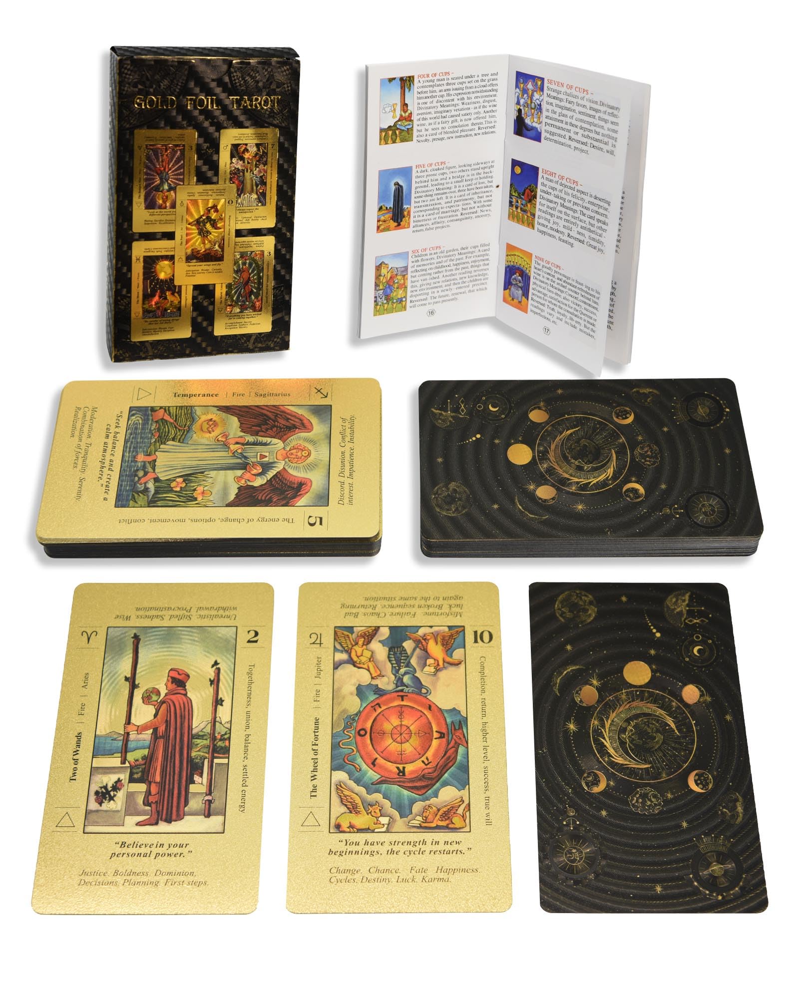 78 Piece Gold Foil Tarot Deck, Cards with 36 Page Guide Book, PVC, Waterproof & Anti-Wrinkle, Tarot Deck,Foil Tarot Cards Deck for Beginners Waterproof and Durable (Sun, Moon and Stars)