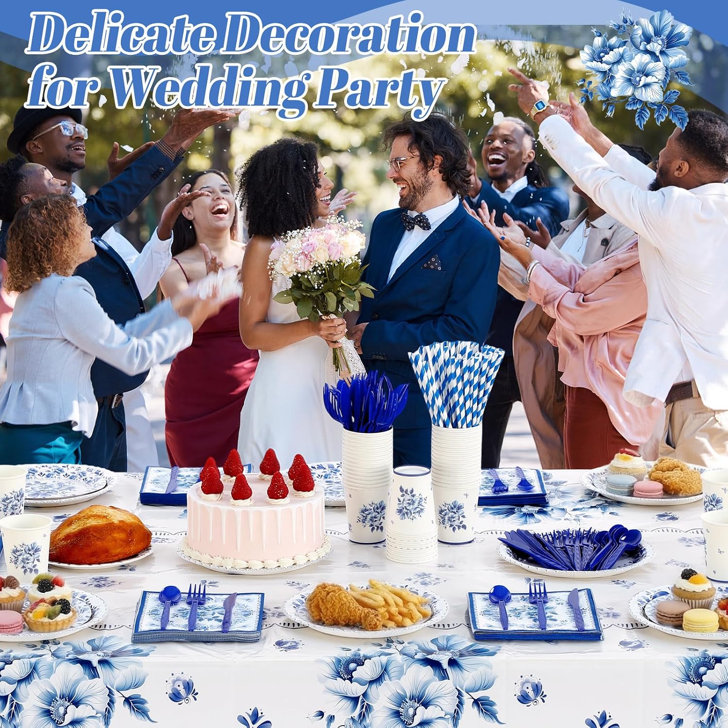 Potchen 452 Pcs Themes Party Supplies Decorations for 50 Guests, Paper Plates Napkins Cups Tablecloth Cutlery Straws for Birthday Baby Shower Party Decorations(Blue and White,Floral)