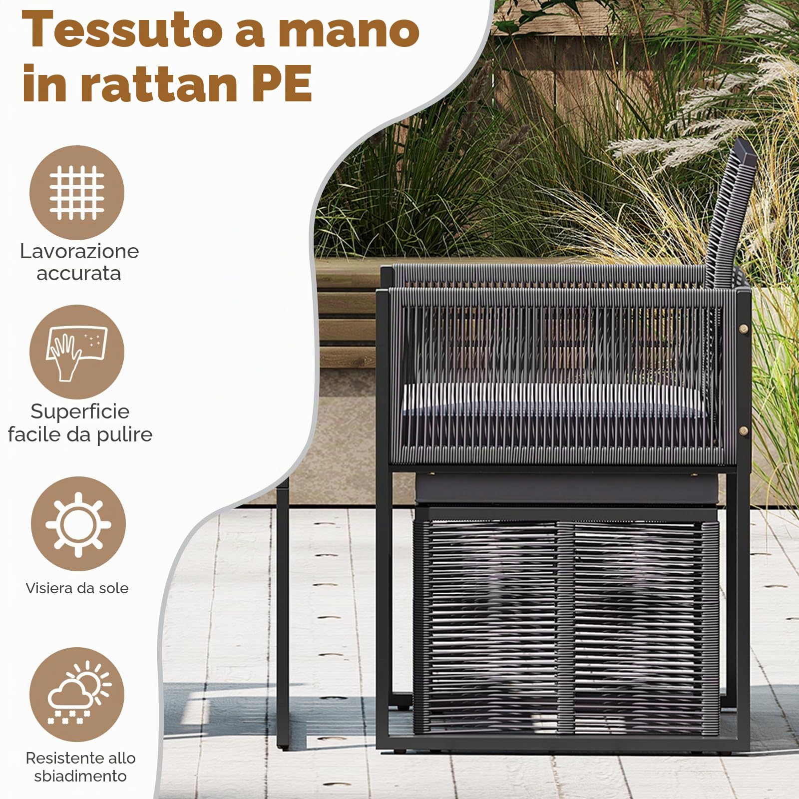 GIANTEX Set di Mobili da Giardino in Rattan per 2-4 Persone, Tavolo da Giardino con Piano in Legno e 2 Sedie (Capacità 180 kg), 2 Sgabelli, 4 Cuscini Rimuovibili, Arredamento da Giardino per Patio
