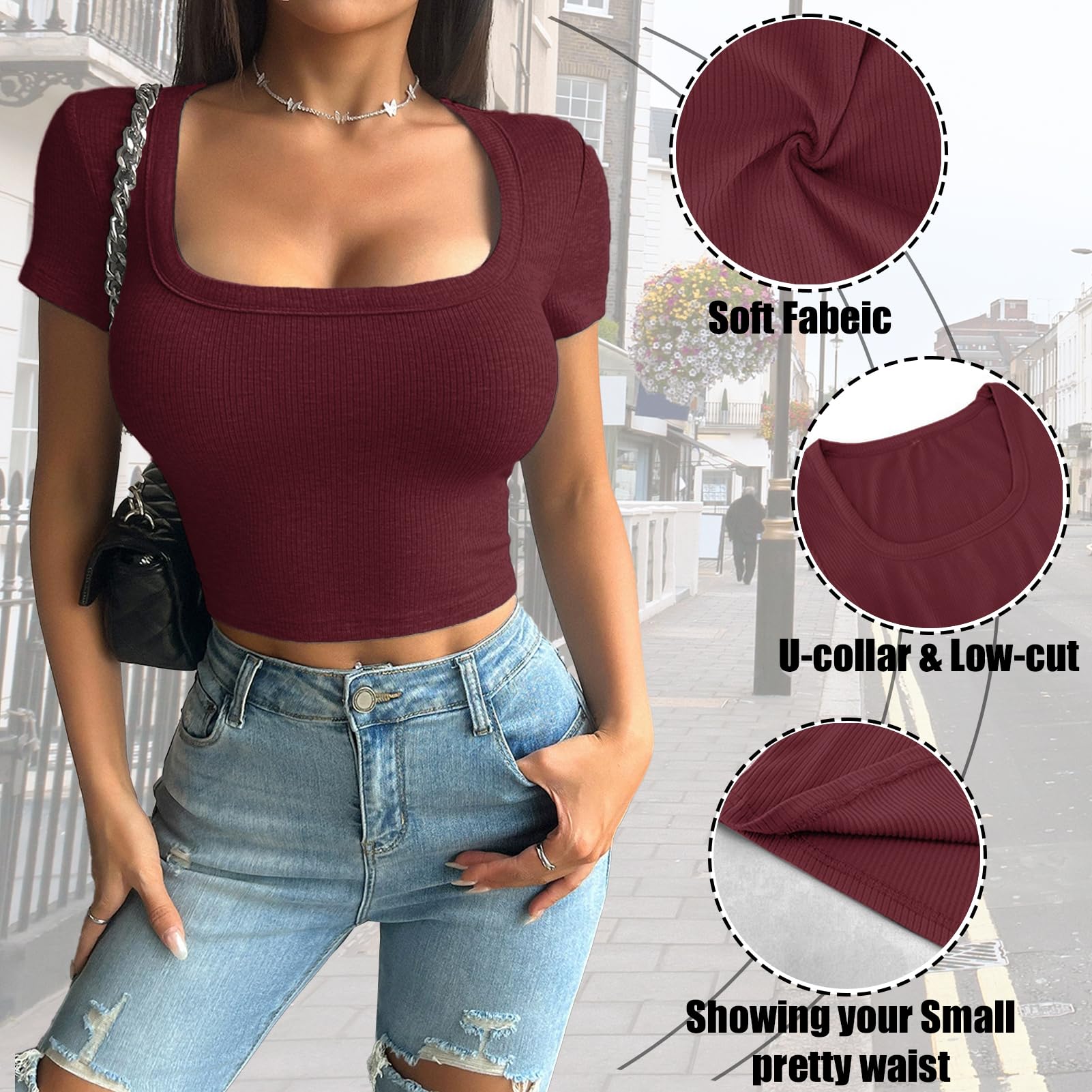 crazy bean Magliette Donna Manica Corta t Shirt Slim Fit Top Corto Maglietta di Base con Scollo a U Y2K Sexy Casual Estive