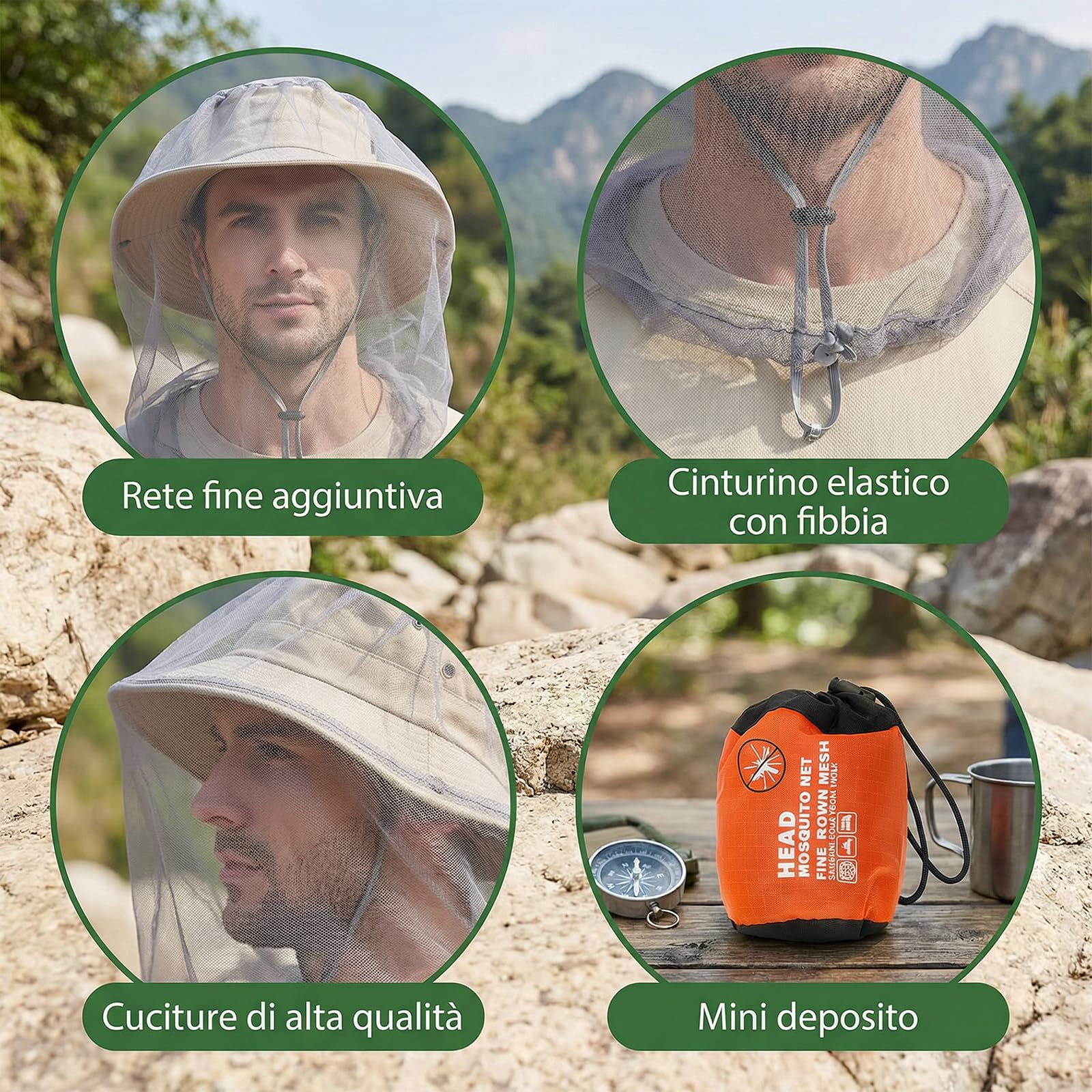 Cappello con Zanzariera, 2 PCS Zanzariera Testa, Protezione da Insetti Zanzare, Copricapo Rete Zanzare Leggero e Traspirante Ideale per Camping Pesca Alpinismo(Grigio)