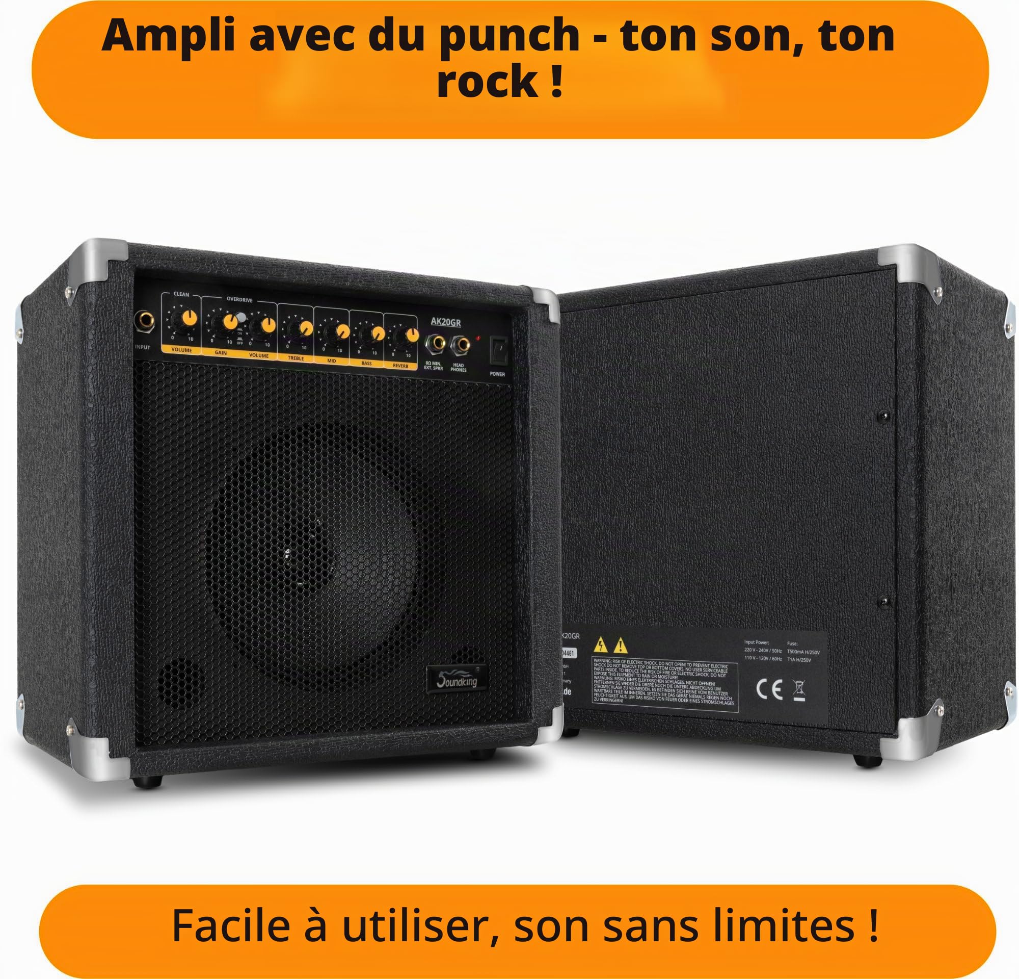Soundking AK20-GR Combo Guitare - 2 Canaux, 60 Watts, Haut-Parleur 8" | 2 Canaux (clean & distorsion), 60 Watts (Puissance Crête), Vraie réverbération à ressort (Reverb), Réglages: Canal, Treble