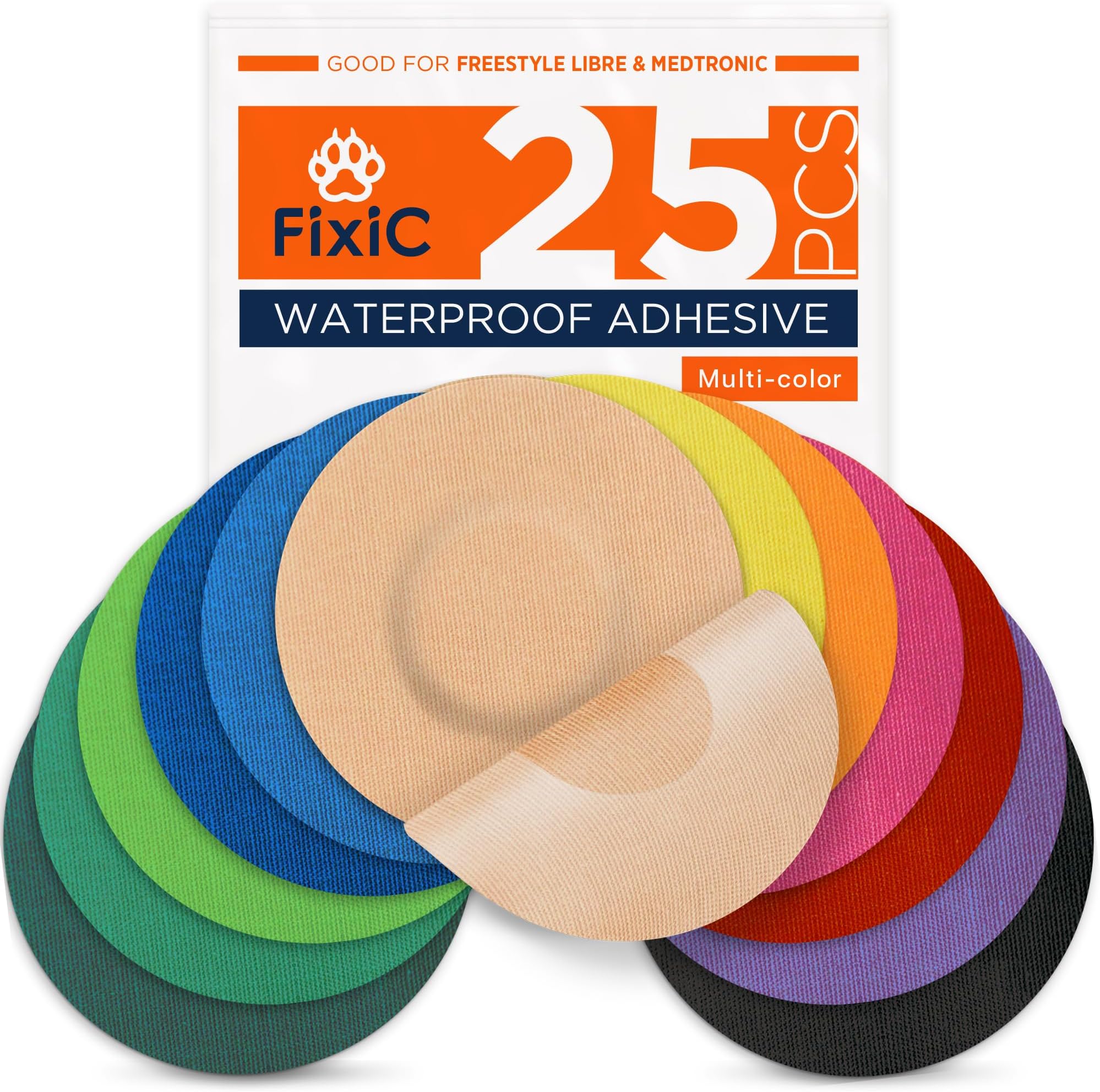 Fixic Freestyle Adhesive Patch 25 PCS – Good for Libre 1, 2, 3 & Plus – Enlite – Guardian – NO Glue in The Center of The Patch – Pre-Cut Back Paper – Long Fixation for Your Sensor! (Multi-Color)