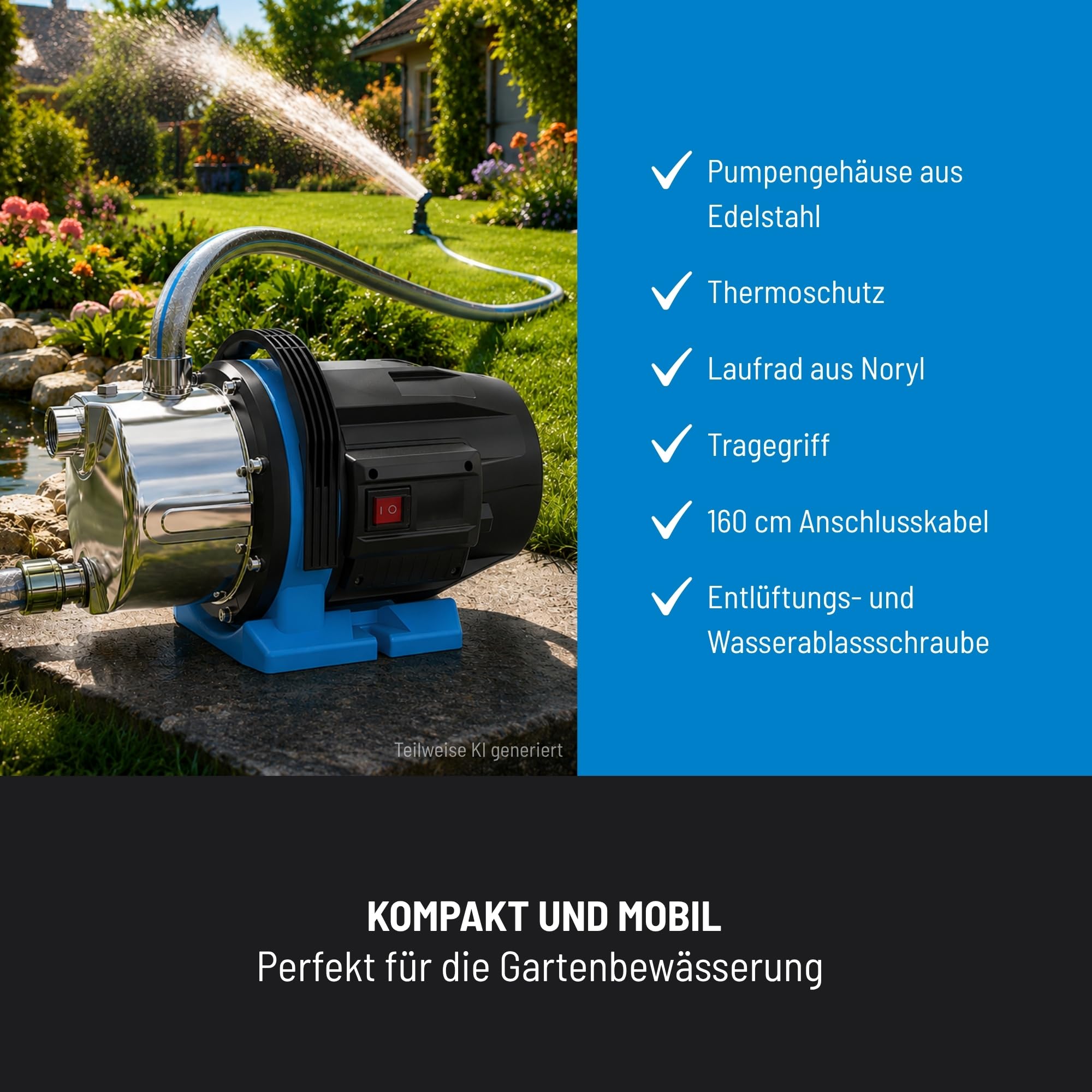 Güde Gartenpumpe GP 1045 E (1000 W, Fördervolumen: 4500 l/h, max. Förderhöhe: 45 m, max. Ansaughöhe: 8 m, Pumpengehäuse aus Edelstahl, Noryllaufrad, Thermoschutzschalter, ergonomischer Tragegriff)