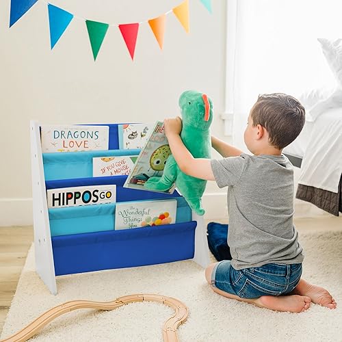 Miniatura 90 de Wildkin Estantería de madera para niños, diseño de lona premium con 4 estantes de tela, organizador para el hogar o el aula, natural con aguamarina