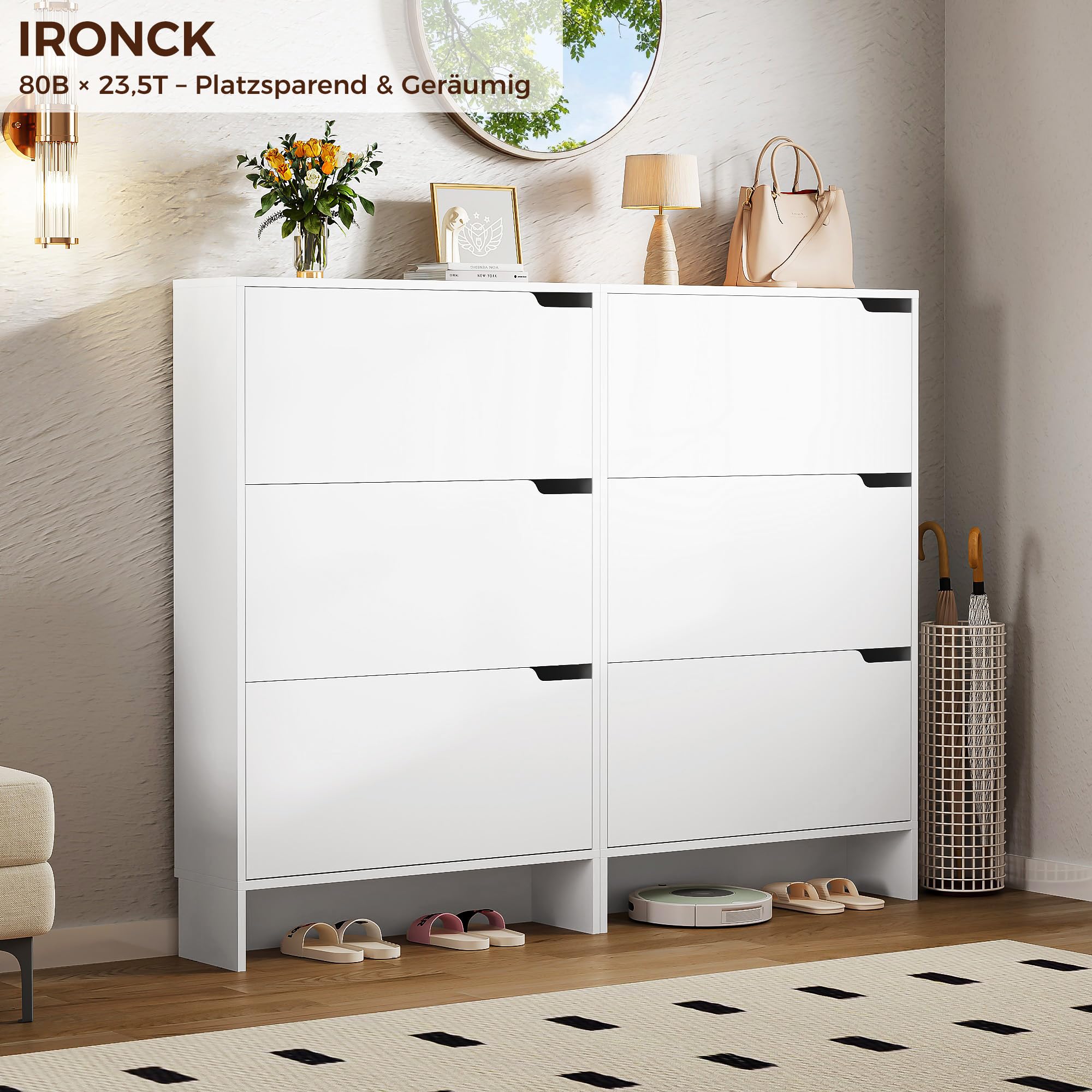 IRONCK Schuhschrank 3 Klappen, Schuhkipper Schmal, Schuhregal 3 Ebenen, Schuhaufbewahrung Holz, Schuhkommode Flur mit Verstellbarer Trennwand, für 18+ Paar Schuhe, 80 x 23.5 x 125.5 cm, Weiß