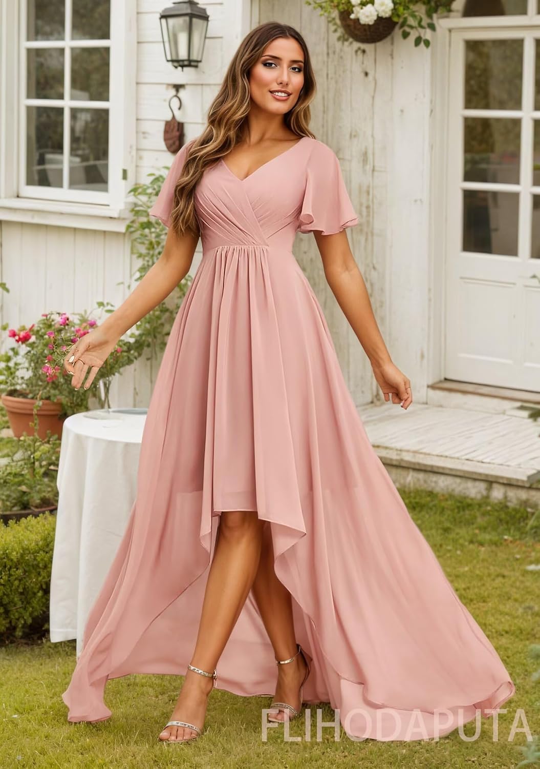 Short Sleeve Chiffon Bridesmaid Dresses 2025 V Neck High-Low Hem Formal Dress for Women