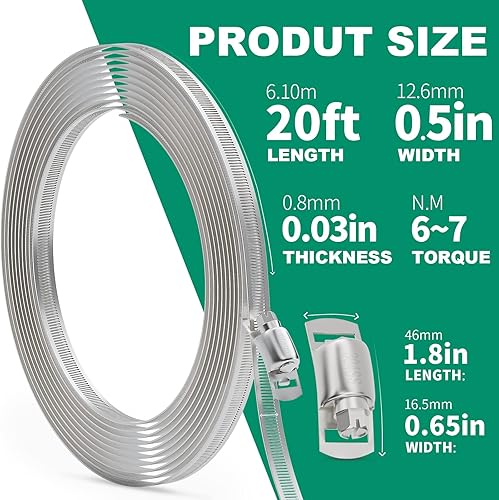 Miniatura 2 de Abrazaderas de manguera de 20 pies, kit surtido de abrazaderas de manguera de acero inoxidable 304, correas de metal con agujeros + 10 sujetadores,