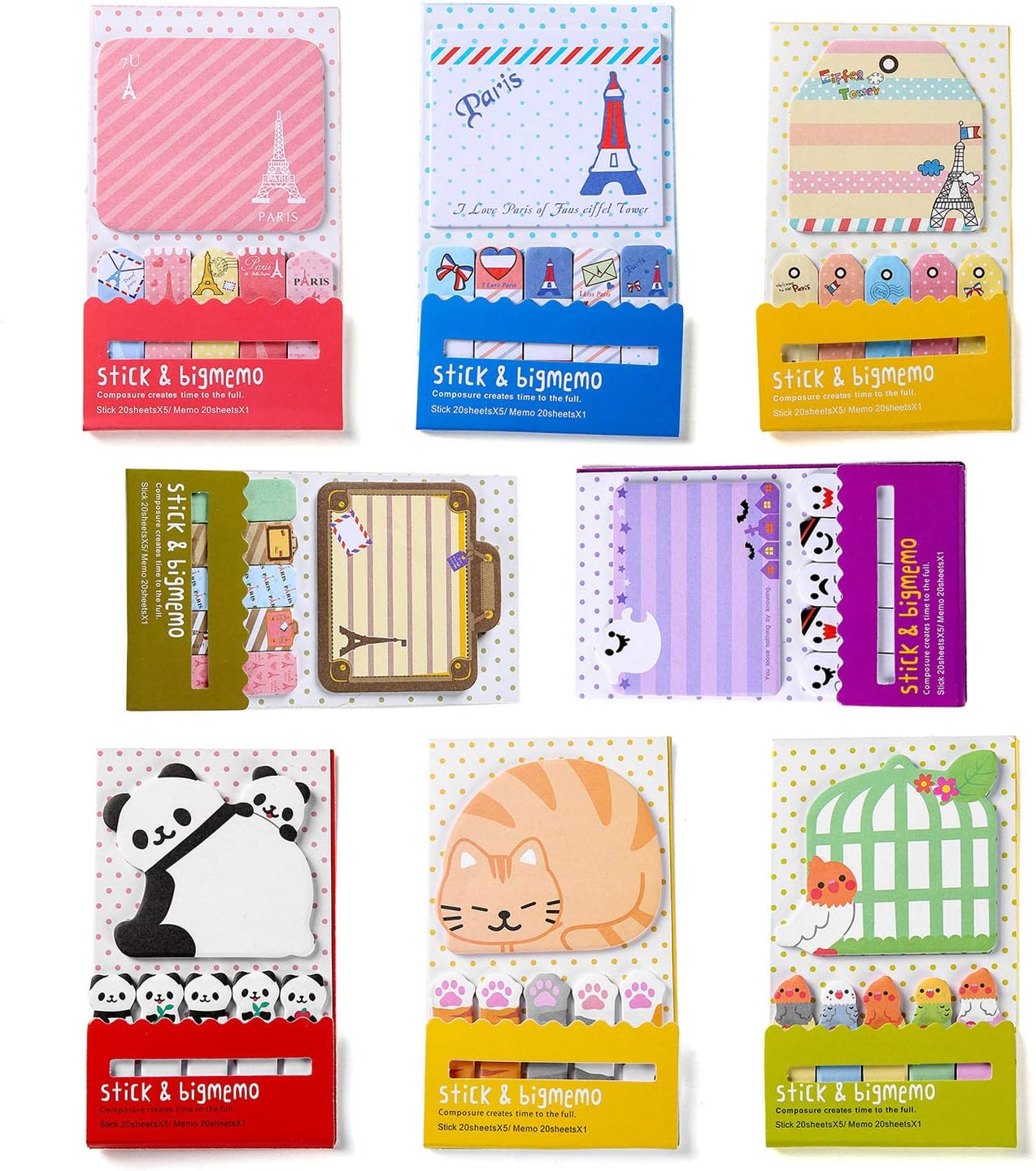 Cute Sticky Notes, Self-Stick Removable Bookmarks Page Flags Index Tabs - 8 Pads Per Pack - 120 Sheets Per Pad - Per Pack 48 Different Shapes Inside(8 Pack)