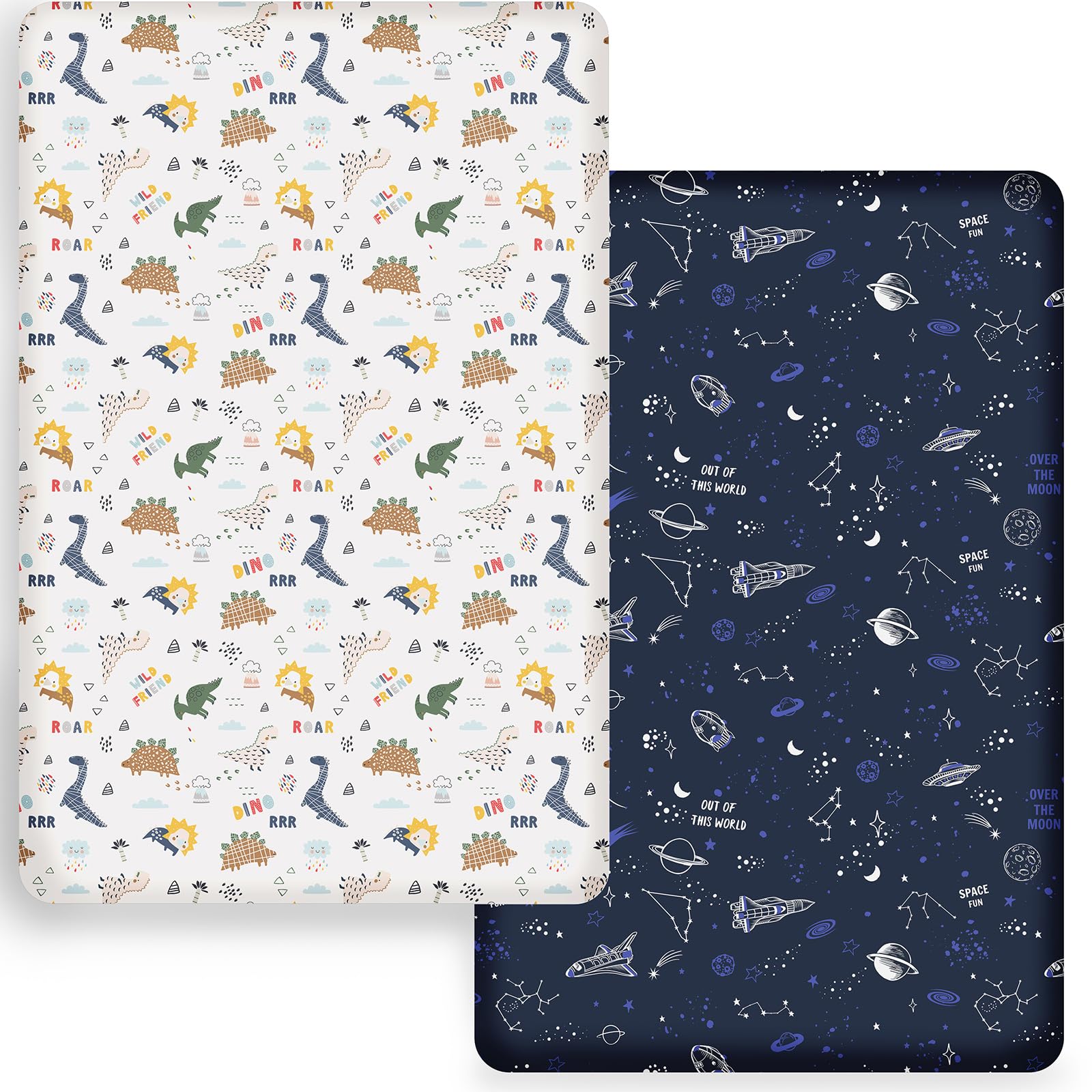 Yadangxiawa Pack n Play Sheets Set 2 Pack,Portable Extra-Soft Mini Crib Sheets for Boys Girls Kids,Dinosaur&Space Printed Pack N Play Sheets for Baby(Dinosaur+Space S)