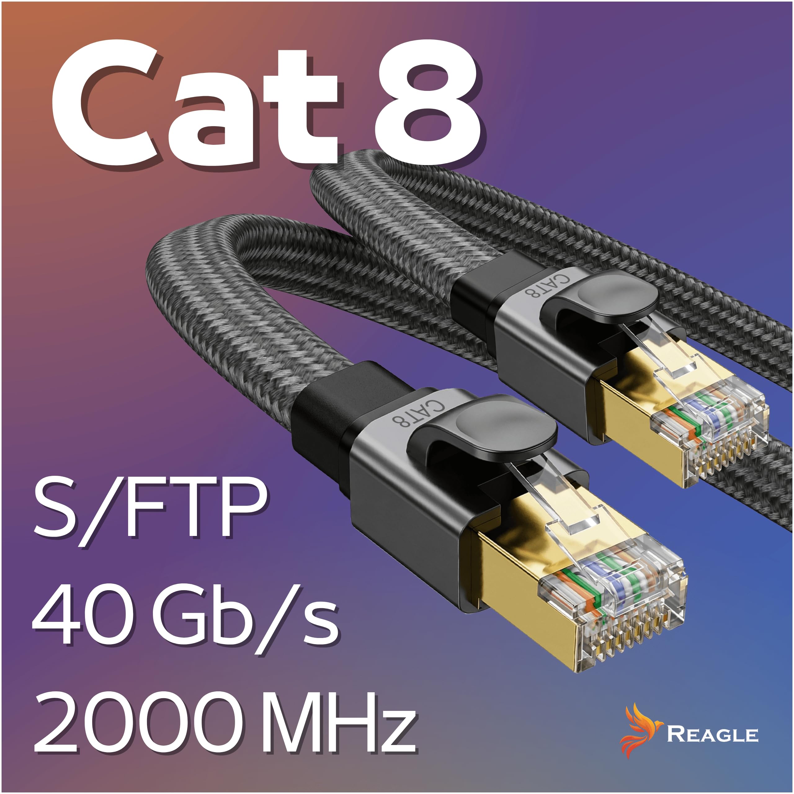 Reagle Câble Ethernet Cat 8 RJ45-15M Plat 40 Gbit/s 2000 MHz – Câble Réseau LAN Internet Blindé avec Gaine Nylon Tressé Connecteurs Dorés pour Routeur Modem Switch PC PS5 Smart TV