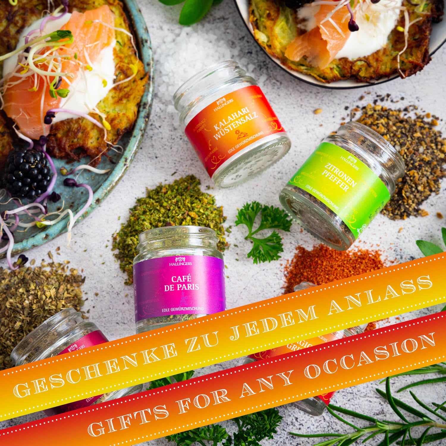 Hallingers Genuss Manufaktur Gewürz Glückwunsch-Geschenk-Set - 5 Gewürze aus aller Welt in wertiger Geschenkbox mit Rezept-Booklet "Herzlichen Glüc...", Geschenkidee für Frauen Männer
