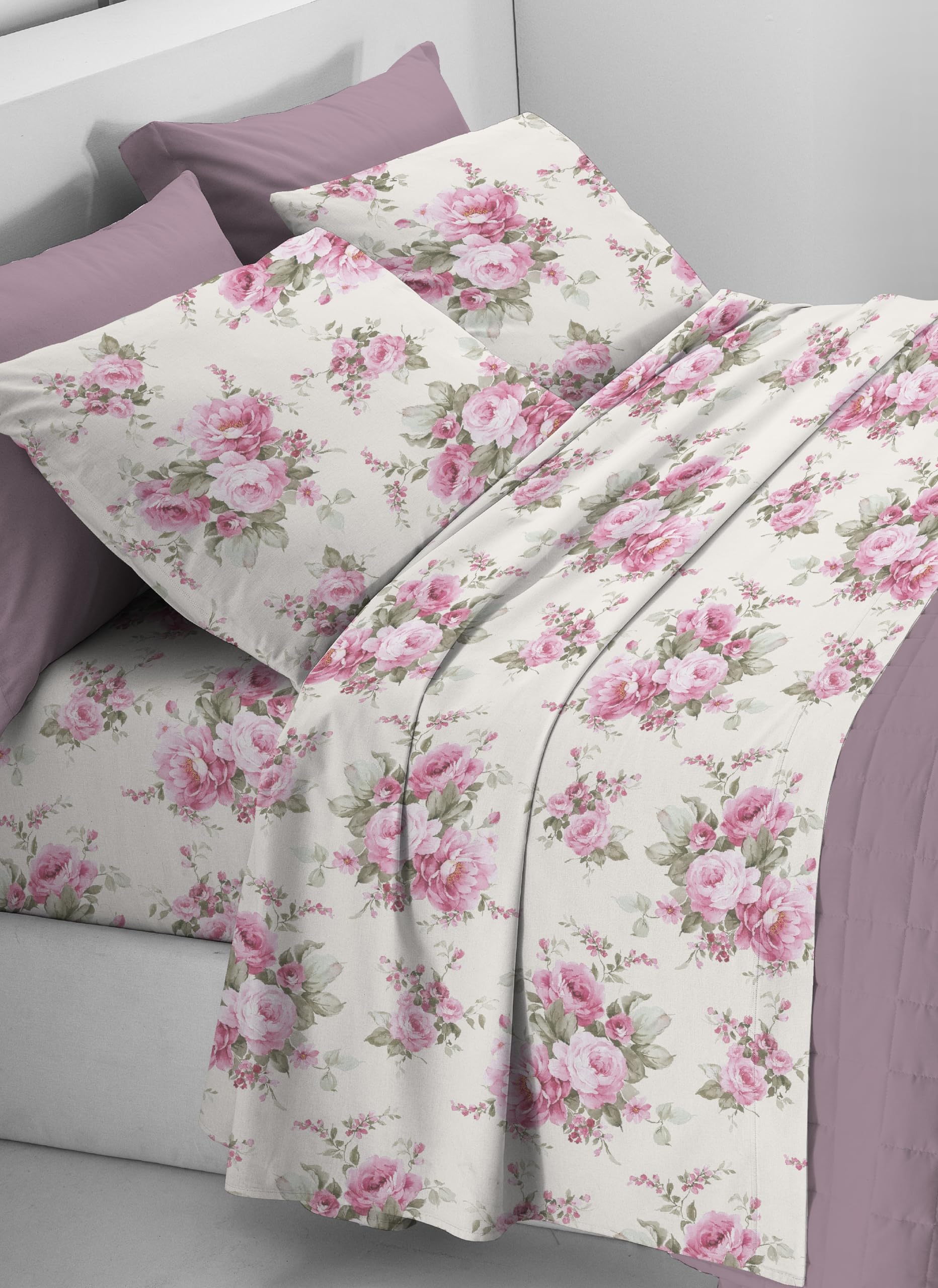 Mahome Set Completo Letto in Pregiata Flanella 100% Cotone con Trattamento Antipalline - Completo Lenzuola Caldo Cotone Morbide Artigianali Alta Qualità Made in Italy (Arianna Rosa, Piazza e Mezzo)