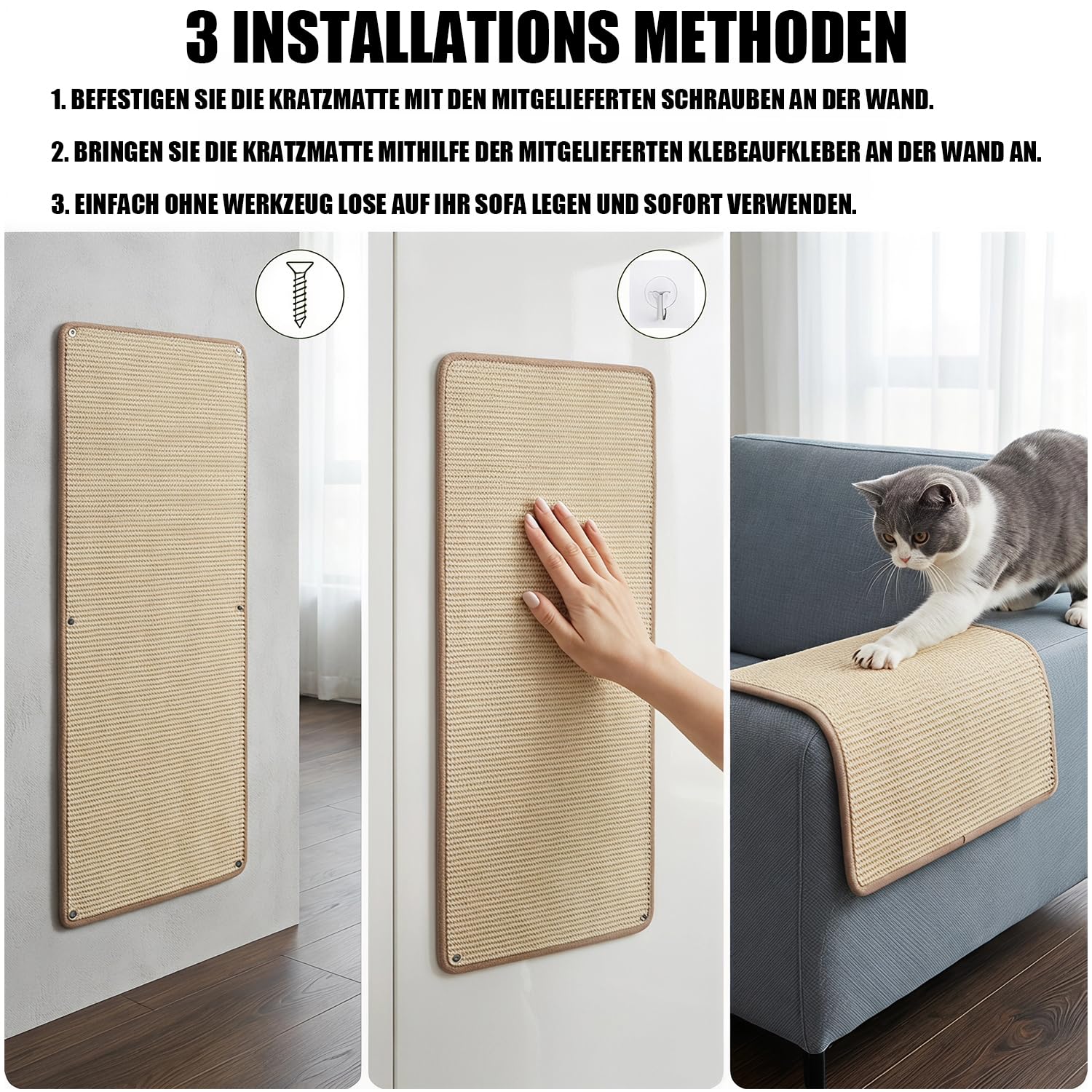 3 Stück Kratzmatte 40x60CM Natürliches Sisal Katzenkratzmatte | Natürliches Sisal, Anti-rutsch Katzenkratzpad, Widerstandsfähig gegen Katzenkrallen, Kratzbretter, Schutz für Sofa und Wand