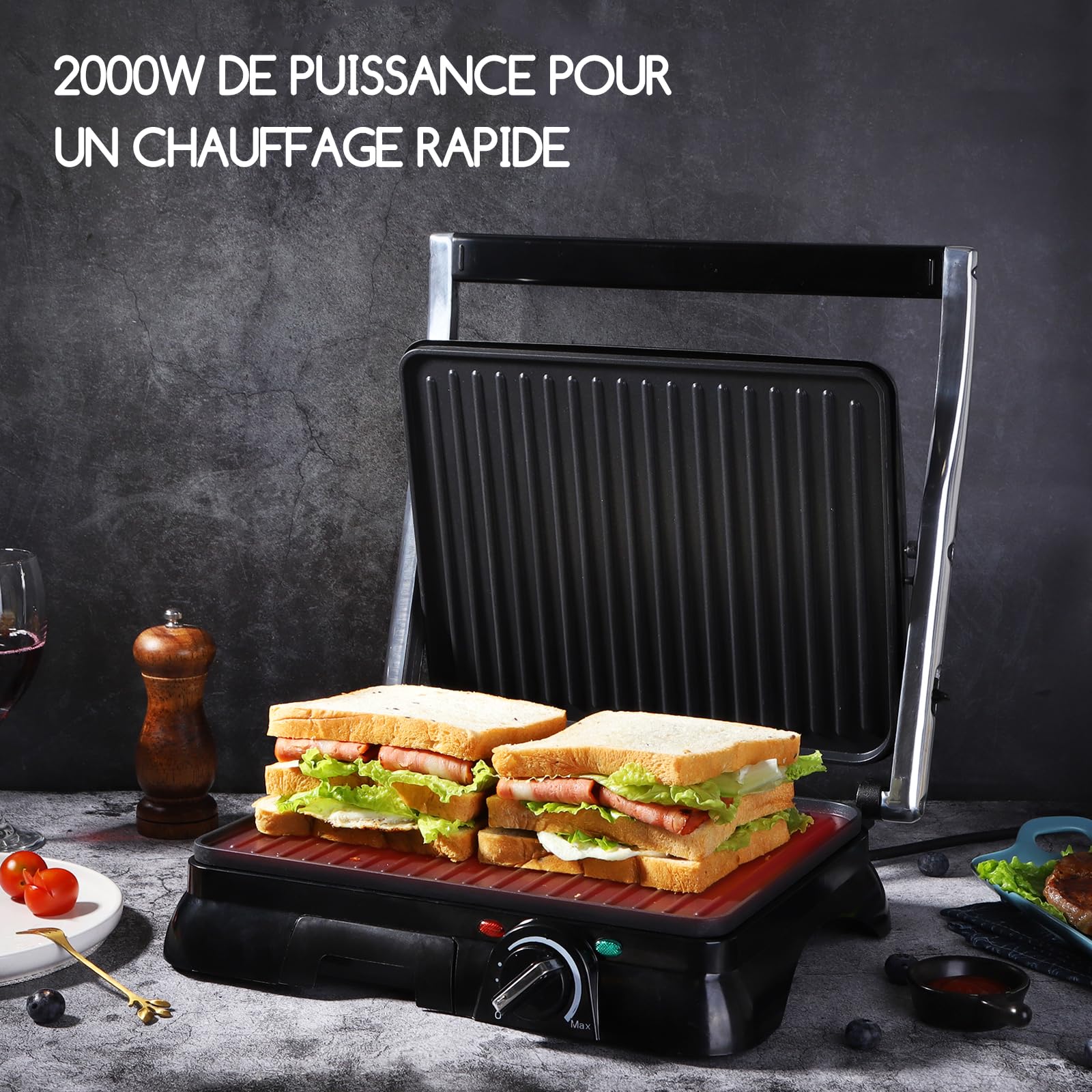Aigostar Machine à Panini 2000W avec Thermostat Réglable, Ouverture à 180° | Grill électrique avec Plaques Antiadhésives, Bac à graisse amovible, pour Paninis, Sandwichs, Viande et Légumes | Samson