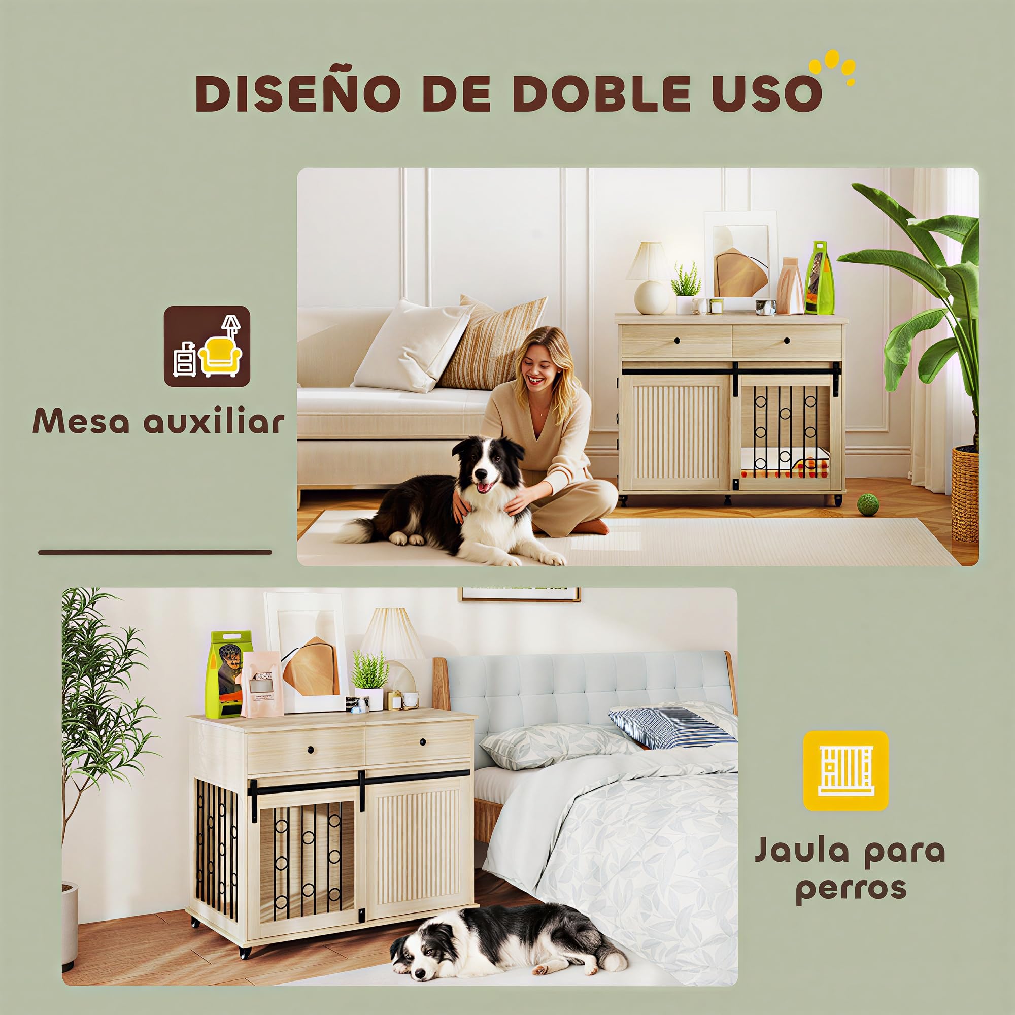 PawHut Jaula para Perros con Ruedas y Mesa Auxiliar, Casa Moderna para Mascotas con 2 Cajones, Cierre y 2 Puertas, para Perros Medianos y Grandes, 100x56x81 cm, Roble