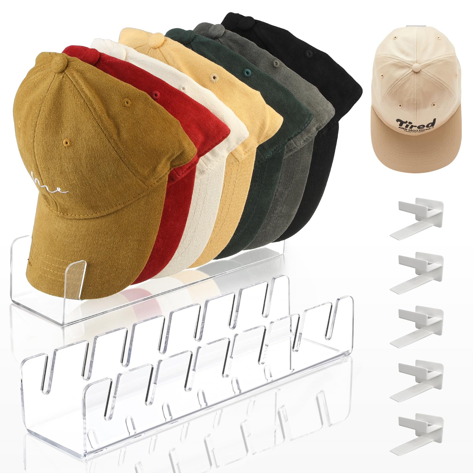 Hat Stand for Baseball Caps Set, Contains 2 Hat Organizer, 5 Hat Rack for Wall, Holds 19 Caps, Acrylic Hat Organizer for Baseball Caps Display Suitable for Wardrobe, Dressing Table
